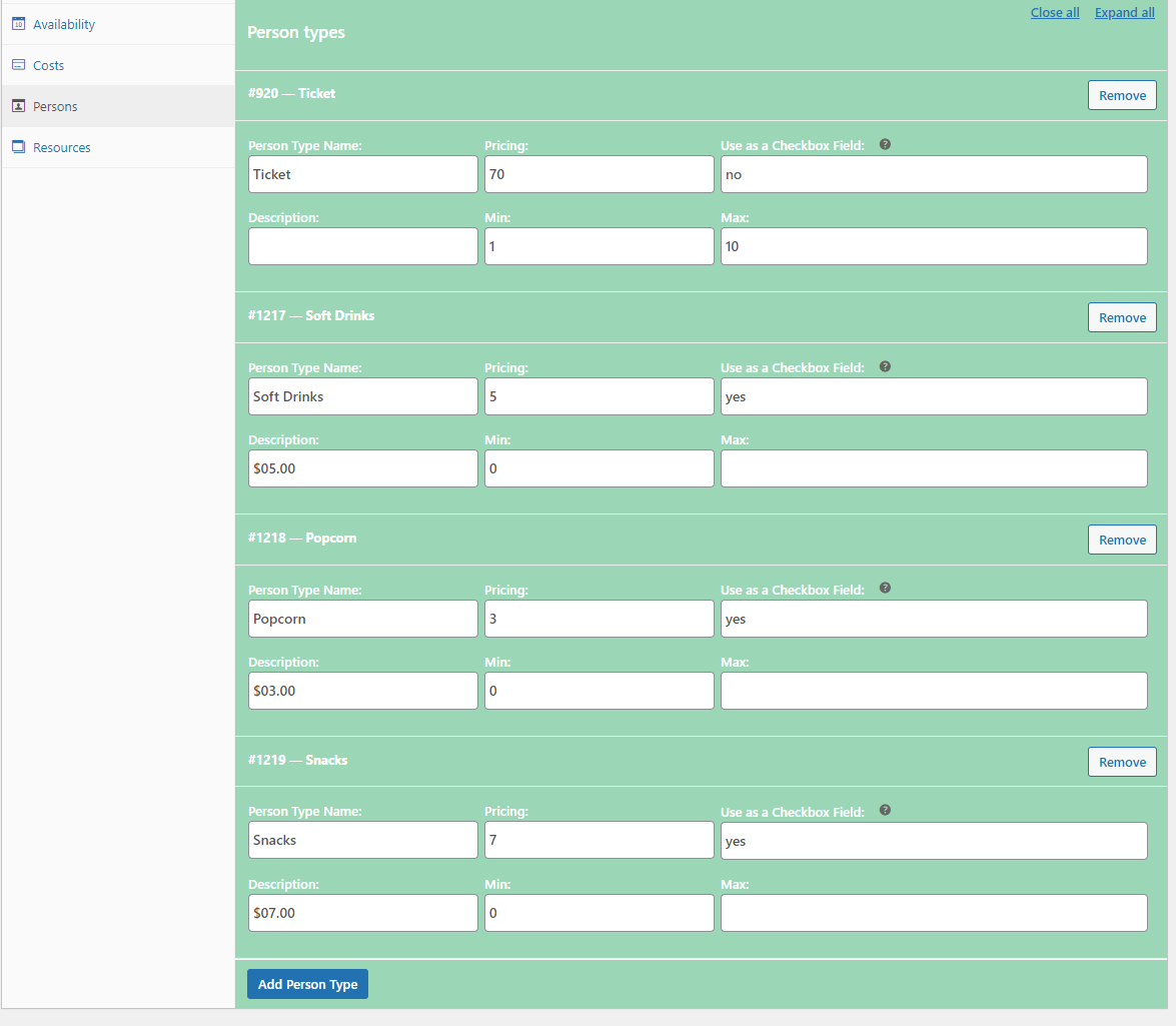 ARB Movie Ticket Booking Person Types Settings