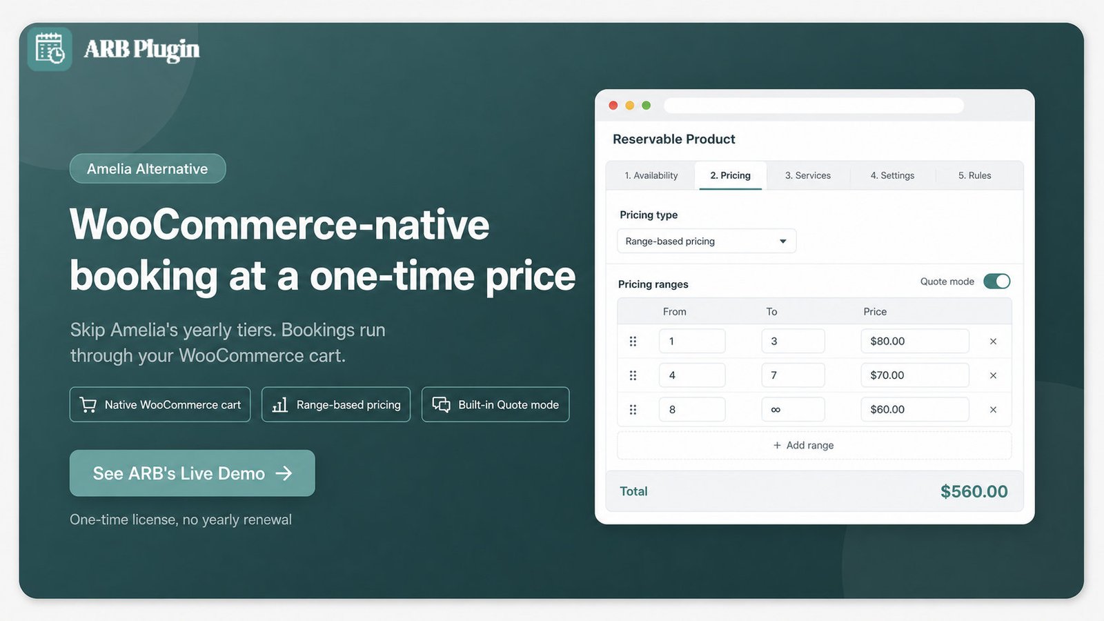 Try ARB's live demo: WooCommerce-native booking at a one-time price, an Amelia alternative