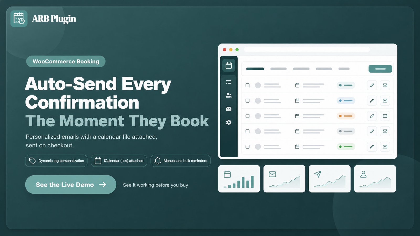 Try ARB's live demo: auto-send personalized WooCommerce confirmation emails with a calendar file attached on every booking