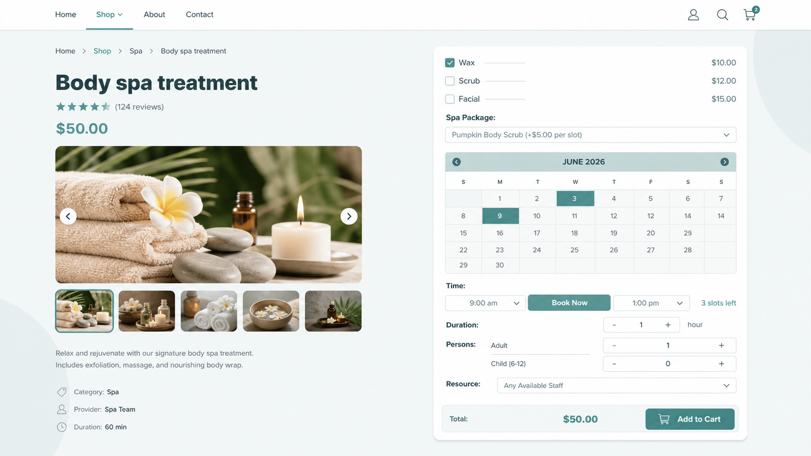 ARB booking form on a WooCommerce product page with calendar, persons, and live price