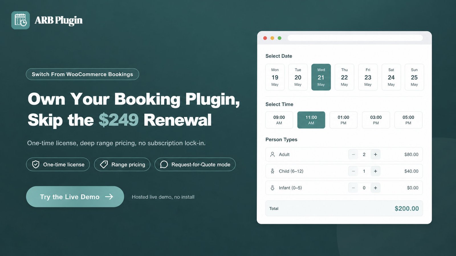 Switch from WooCommerce Bookings to ARB: one-time license with deep range pricing, try the live demo