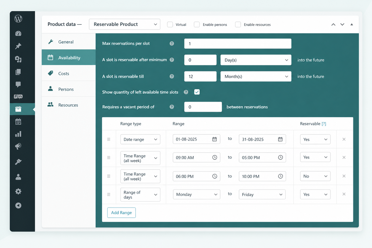 ARB Availability tab with Max Reservations per Slot set to 1, a vacant buffer period, and an Add Range repeater