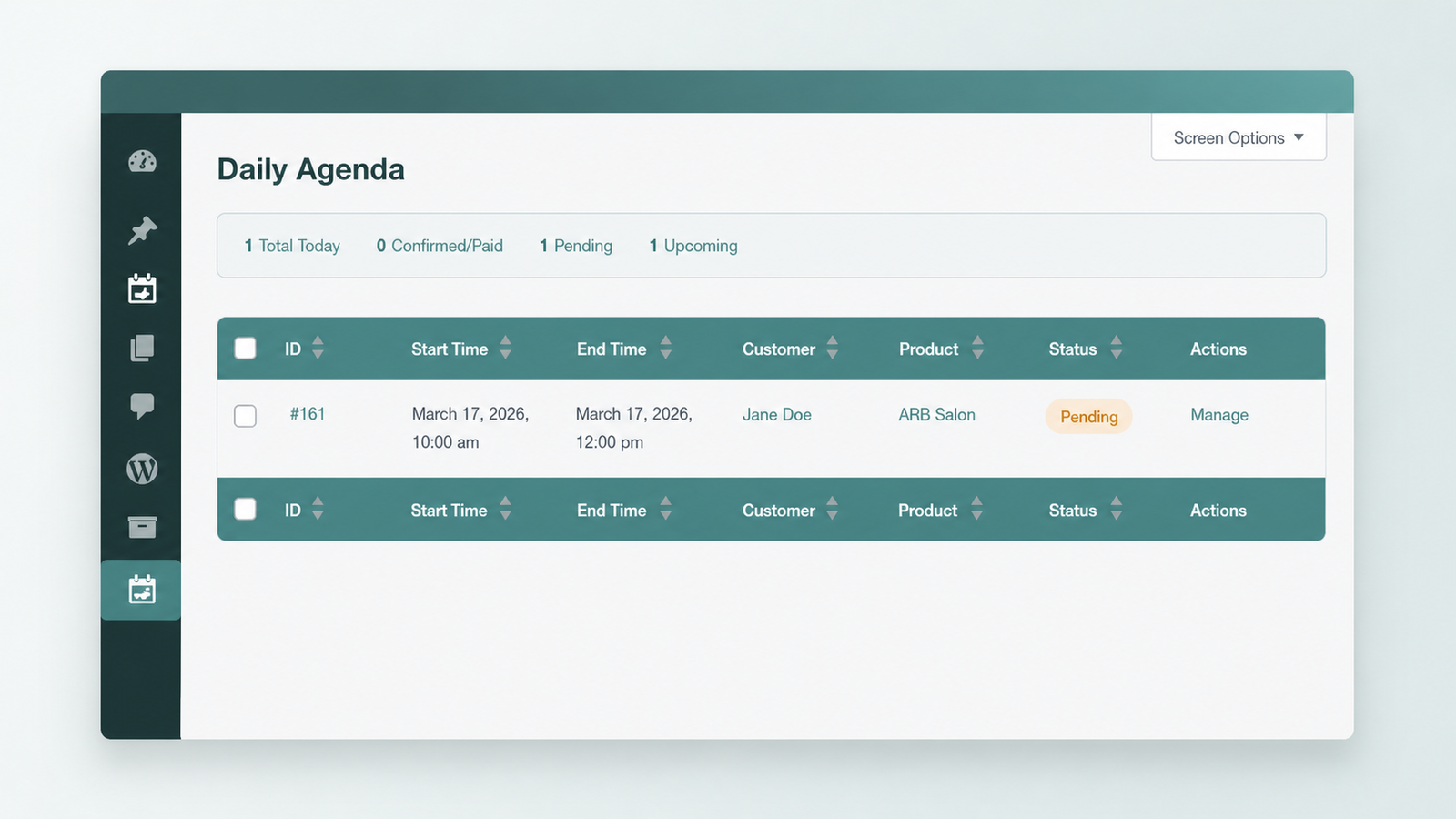 ARB Daily Agenda listing the day's reservations by time with customer, product, and status labels