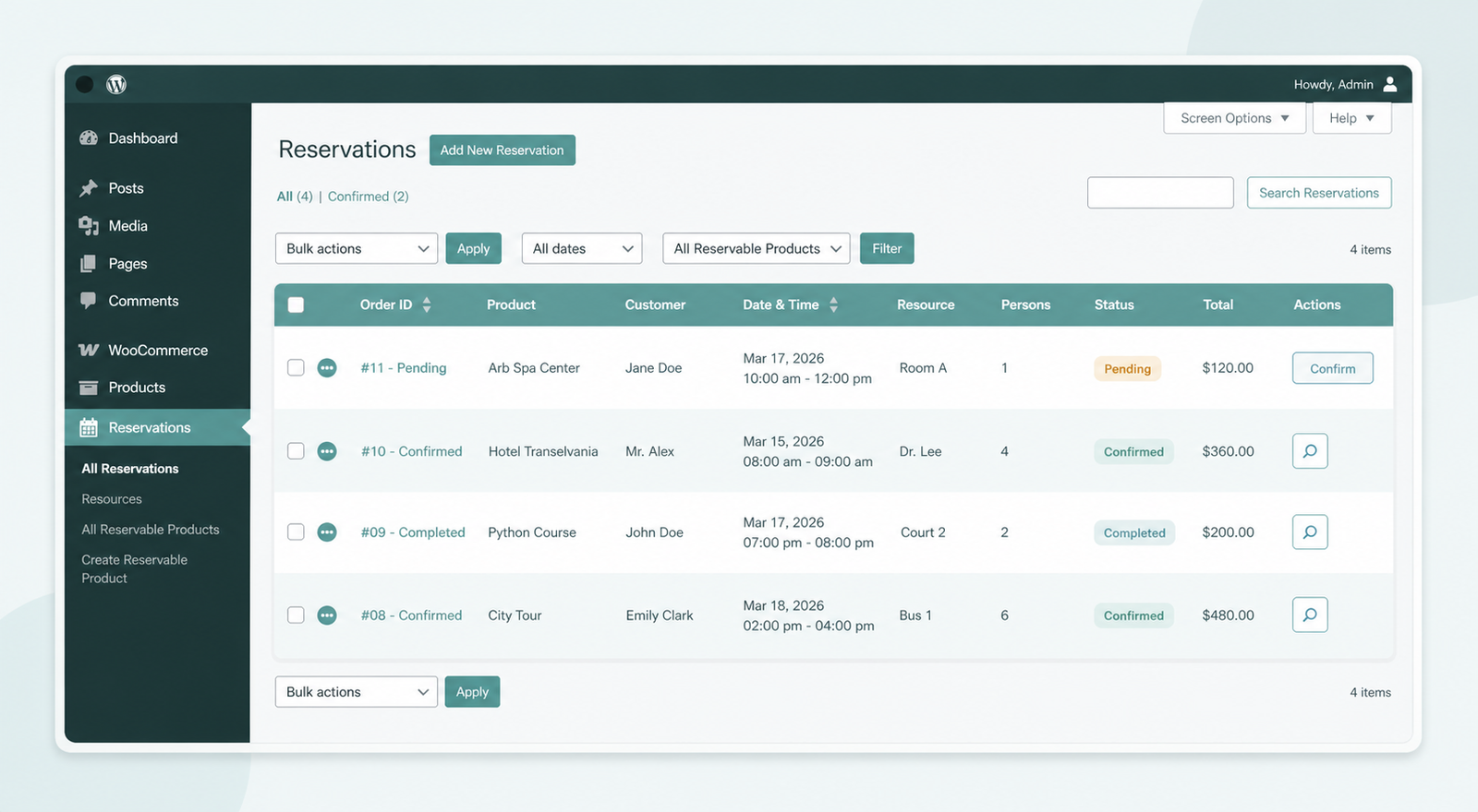 ARB Reservations list with order, customer, date, resource, status, and a Confirm approval action