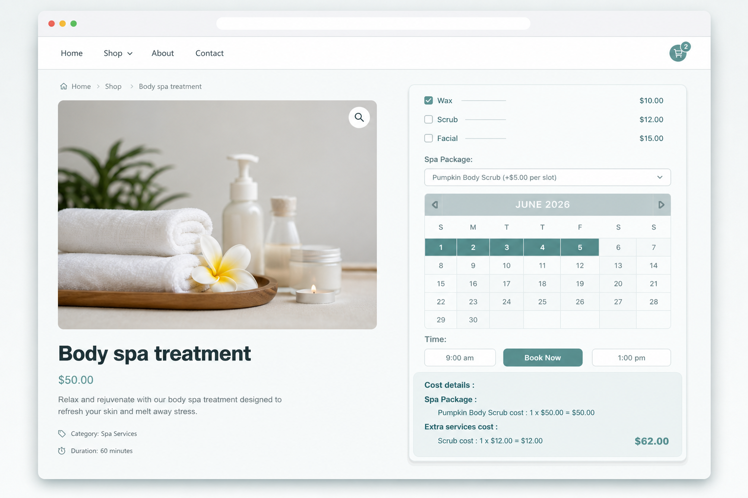 WooCommerce product page with an ARB booking form: availability calendar, time-slot picker, and live price total
