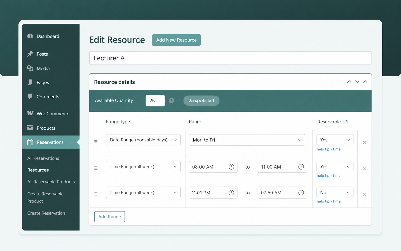Per-resource availability schedules and left-slots counter