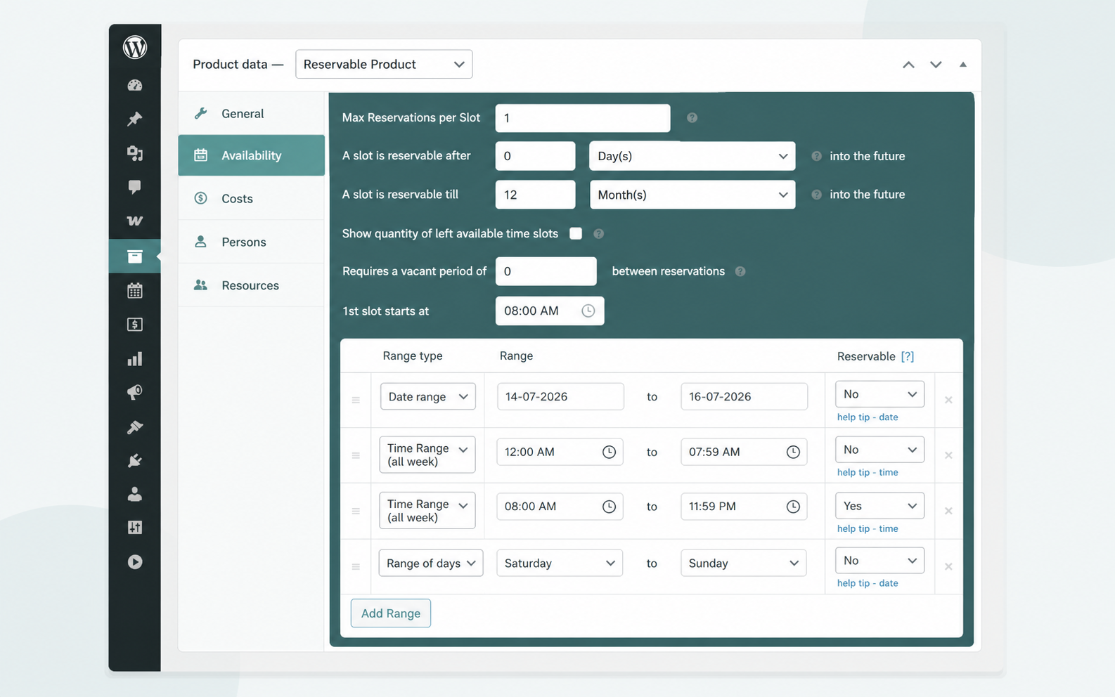 ARB Availability tab controlling every WooCommerce booking rule