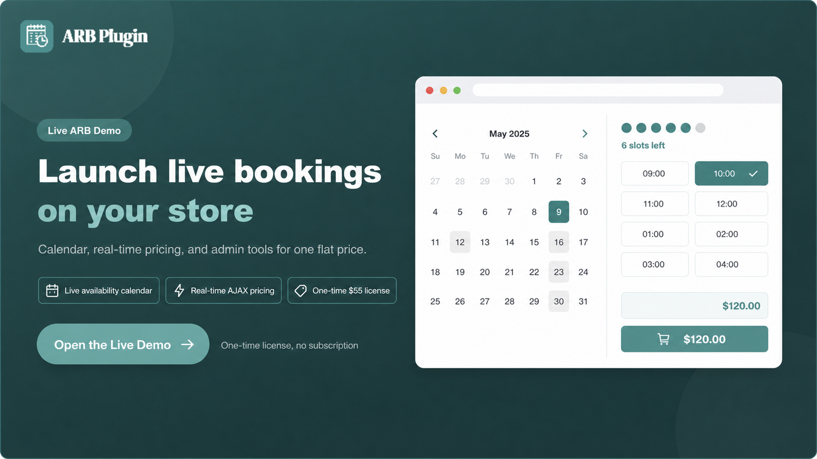 Open the ARB live demo to add a booking calendar for a one-time license