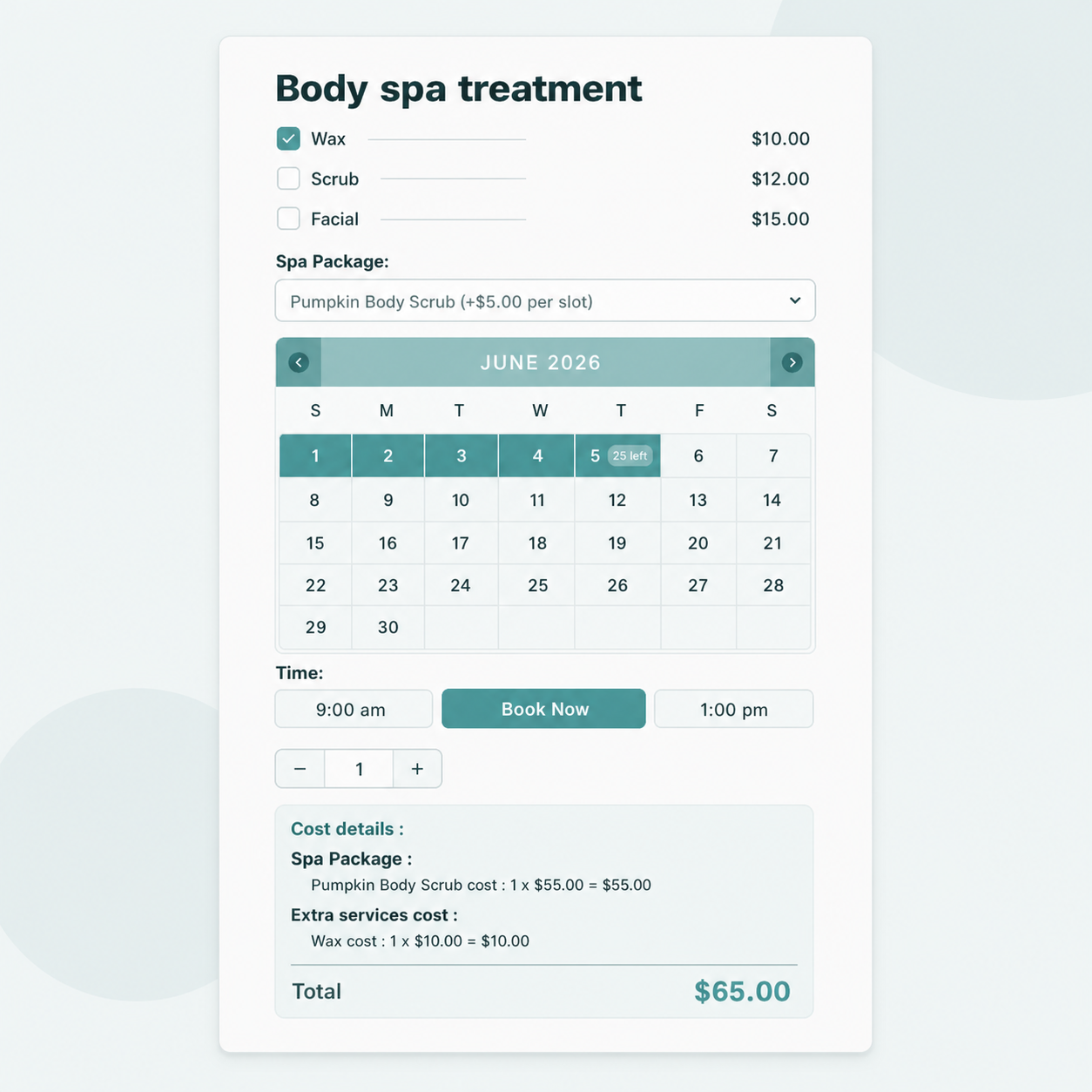 Time-slot picker with a live left-slots counter and real-time price