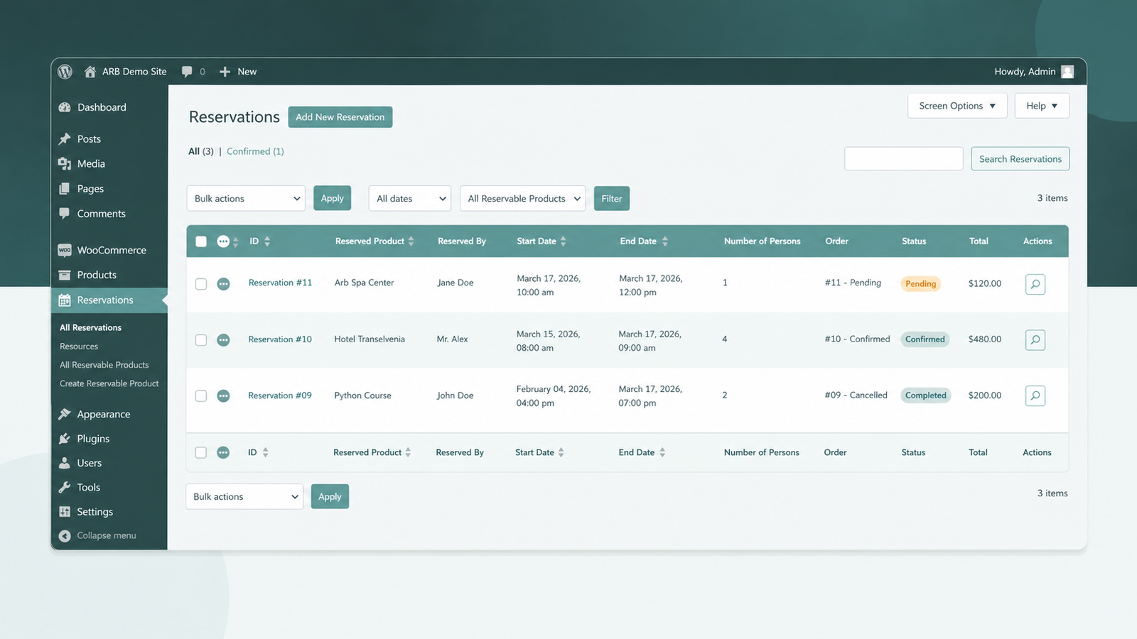 ARB admin Reservations calendar and list view of bookings