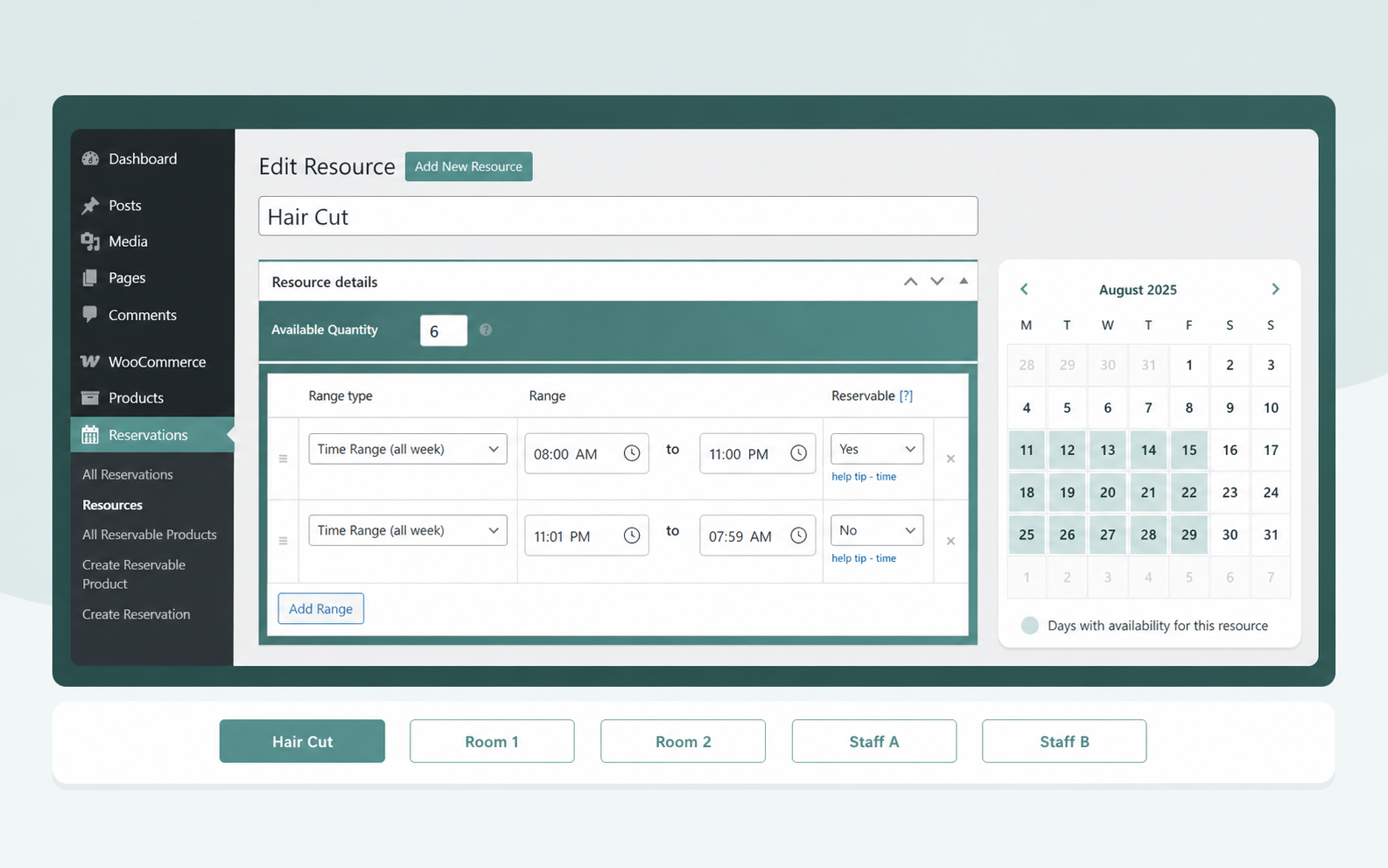 Per-resource availability with separate calendars for each room or staff member