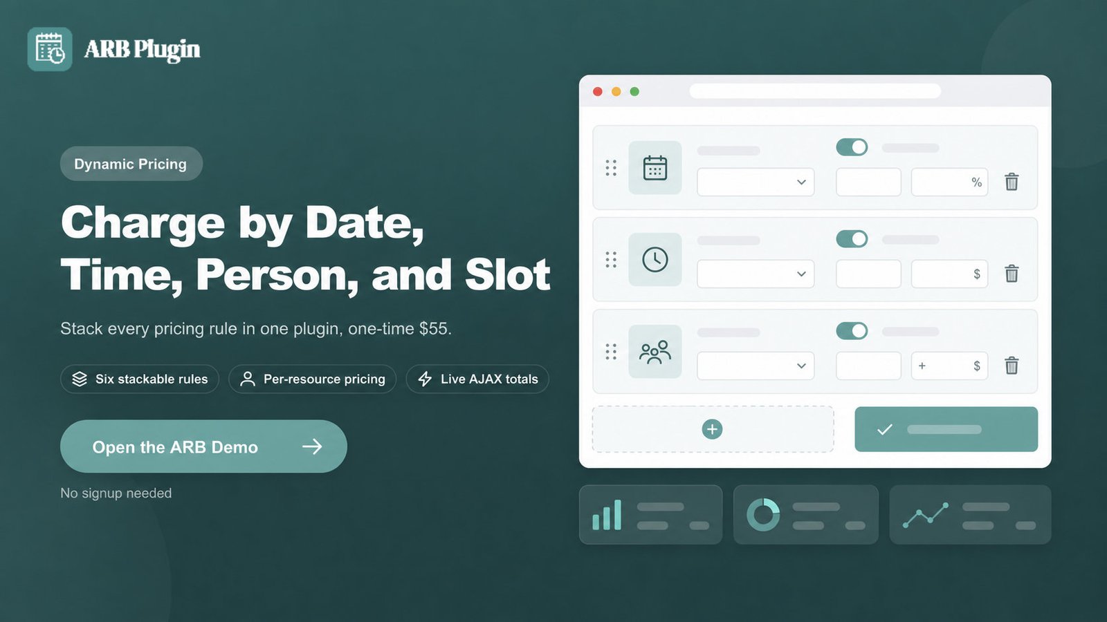 Open the ARB demo to stack date, time, and person pricing rules on one WooCommerce booking