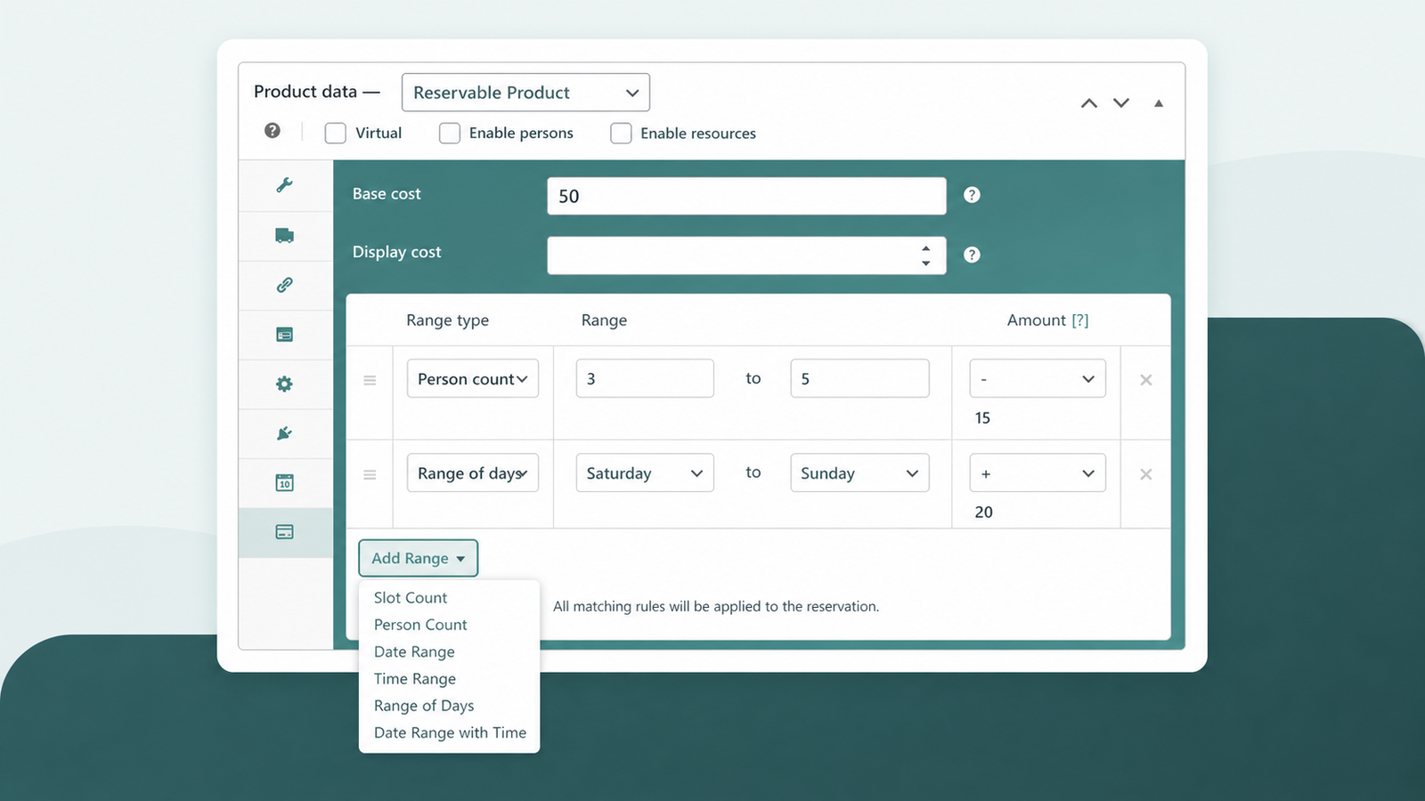 ARB Add Range dropdown showing six pricing range bases on the Costs tab