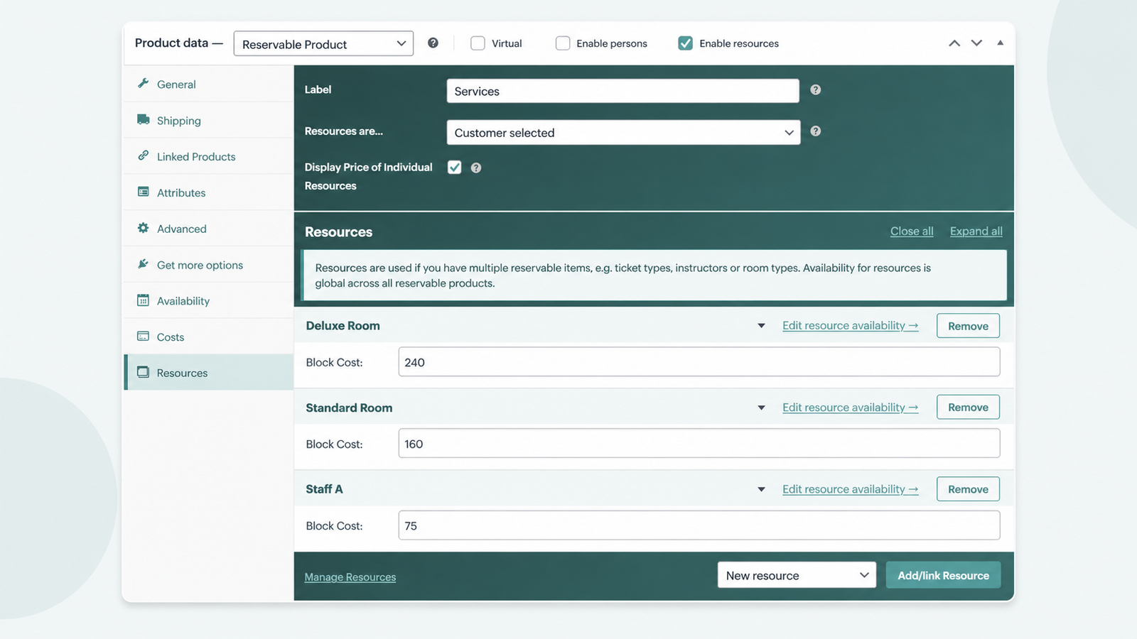 Per-resource price fields on the ARB Resources tab, each room or staff resource priced on its own