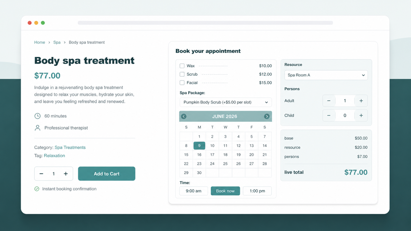 ARB front-end booking form recalculating an itemized price breakdown live over AJAX