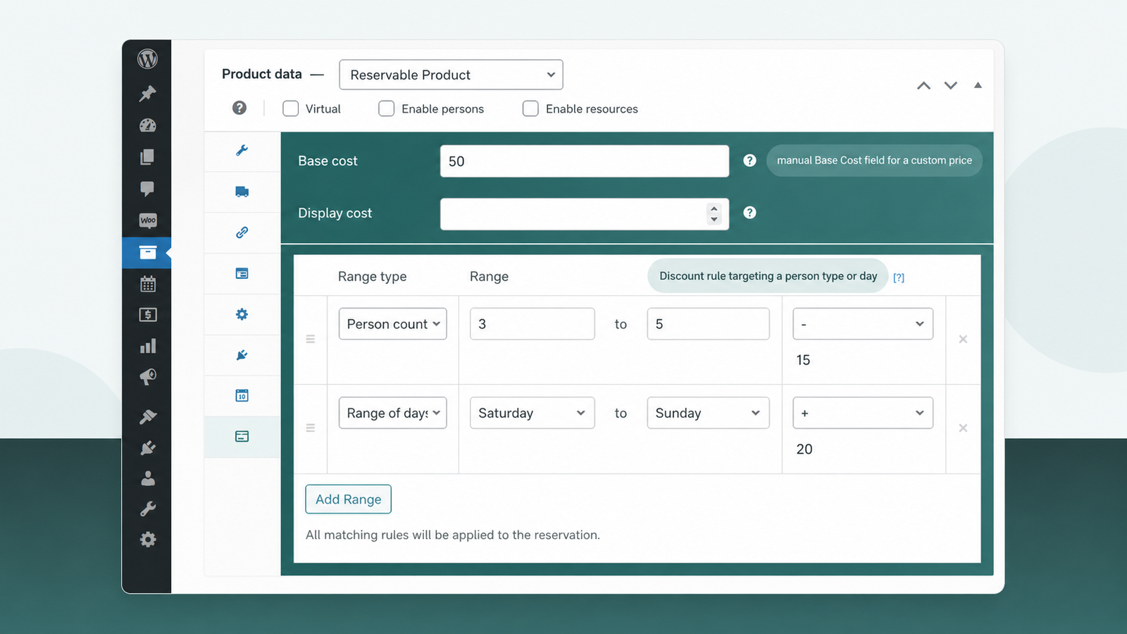 ARB Costs tab showing a Discount rule and manual price fields for custom booking pricing