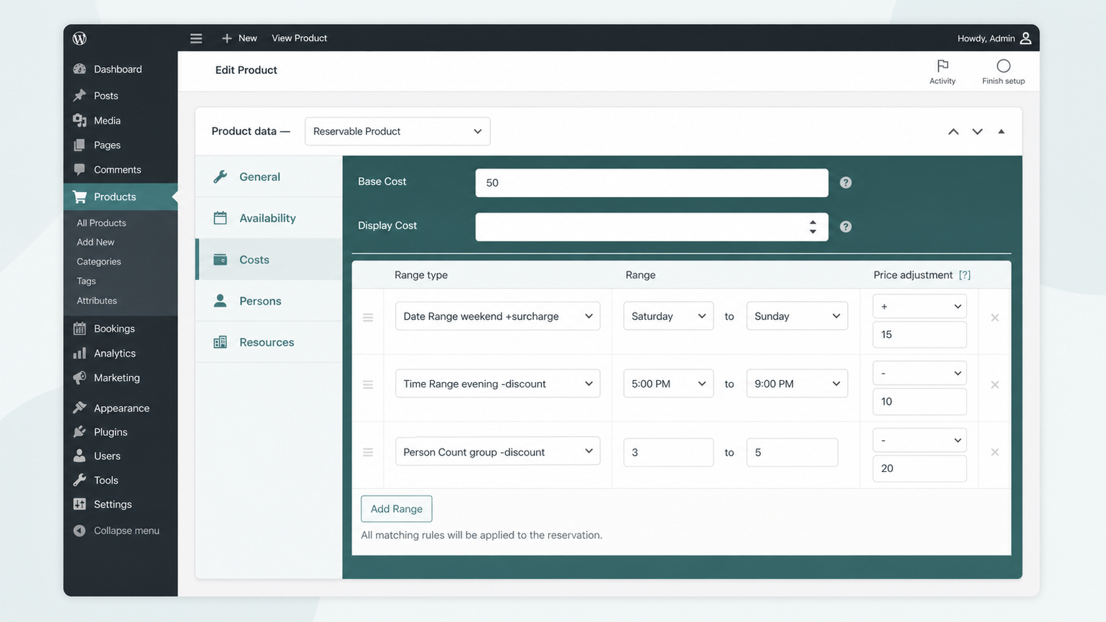 ARB Costs tab stacking weekend, evening, and group pricing rules on one WooCommerce booking