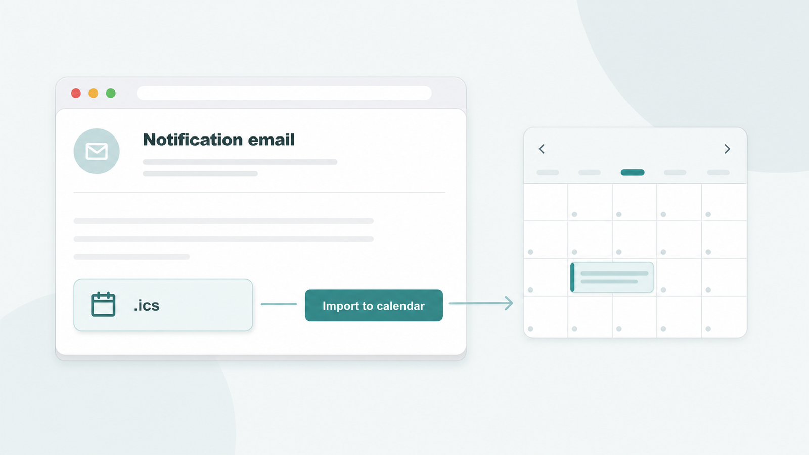 A booking notification email carrying an attached iCalendar file ready to import into a calendar