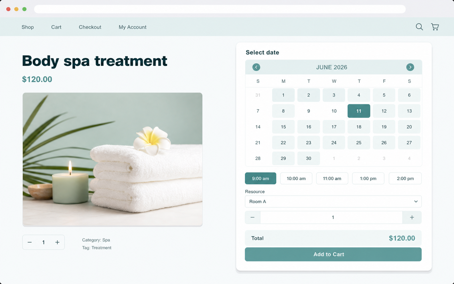 Reservable product page with an availability date picker, a resource dropdown, and a live price total