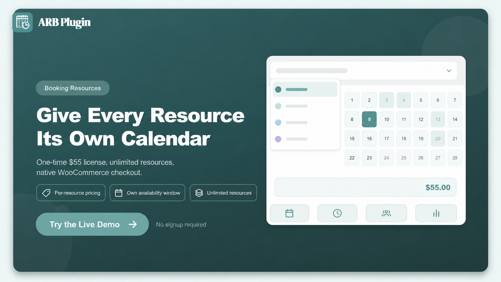 Try the live ARB demo to give every WooCommerce booking resource its own price and calendar