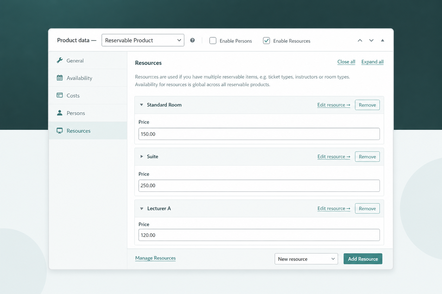ARB Resources tab in WooCommerce showing an individual price field on each bookable resource