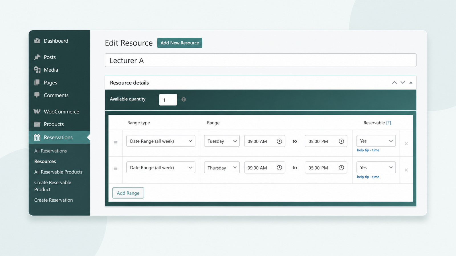 Edit resource screen showing a per-resource availability schedule and available quantity in ARB