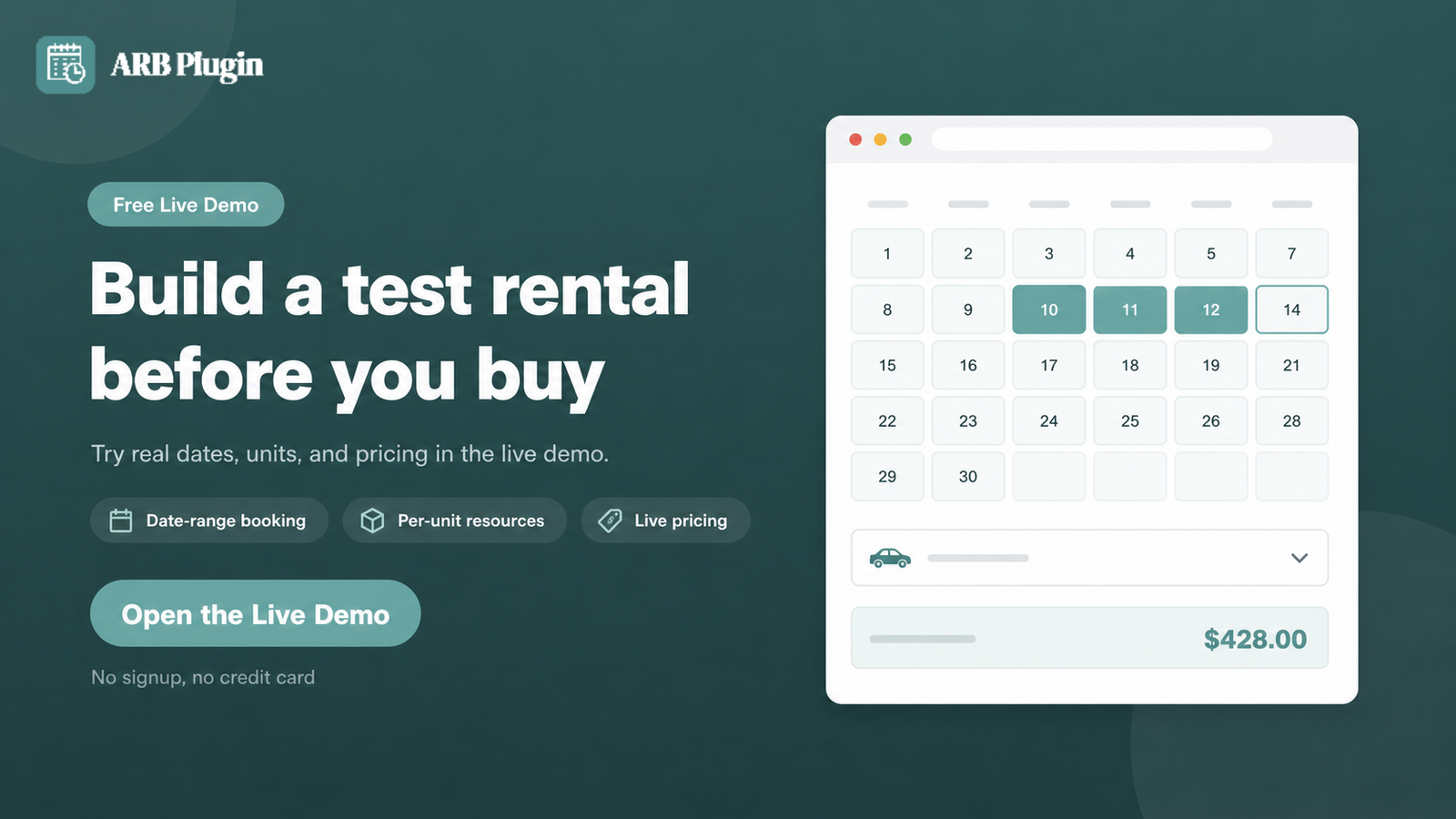Open the live ARB demo to build a test car rental with real dates, units, and pricing