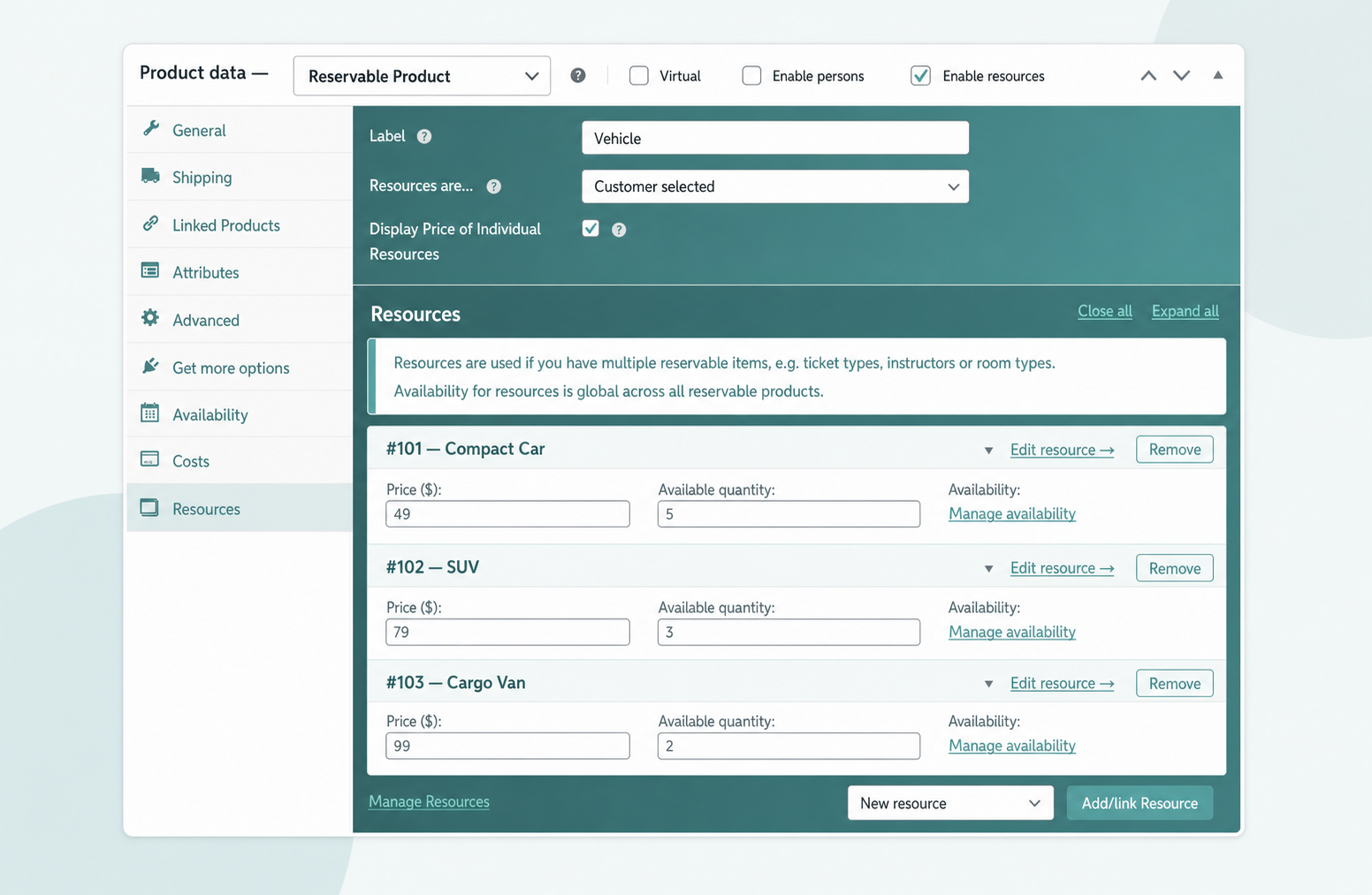 ARB Resources tab making each vehicle its own bookable unit with price, calendar, and quantity