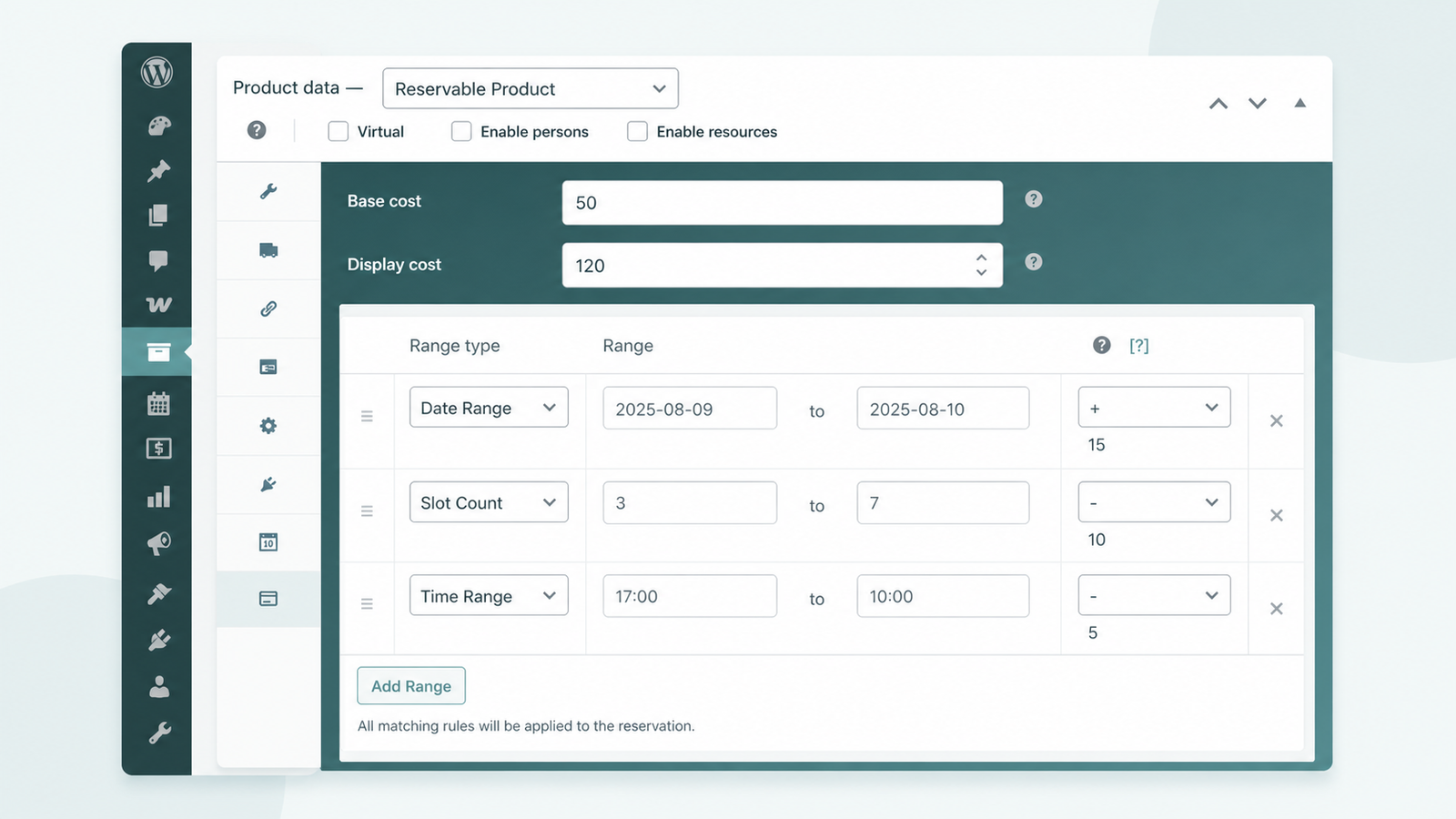 ARB Costs tab with Add Range rules for daily, hourly, weekend, and seasonal rental pricing