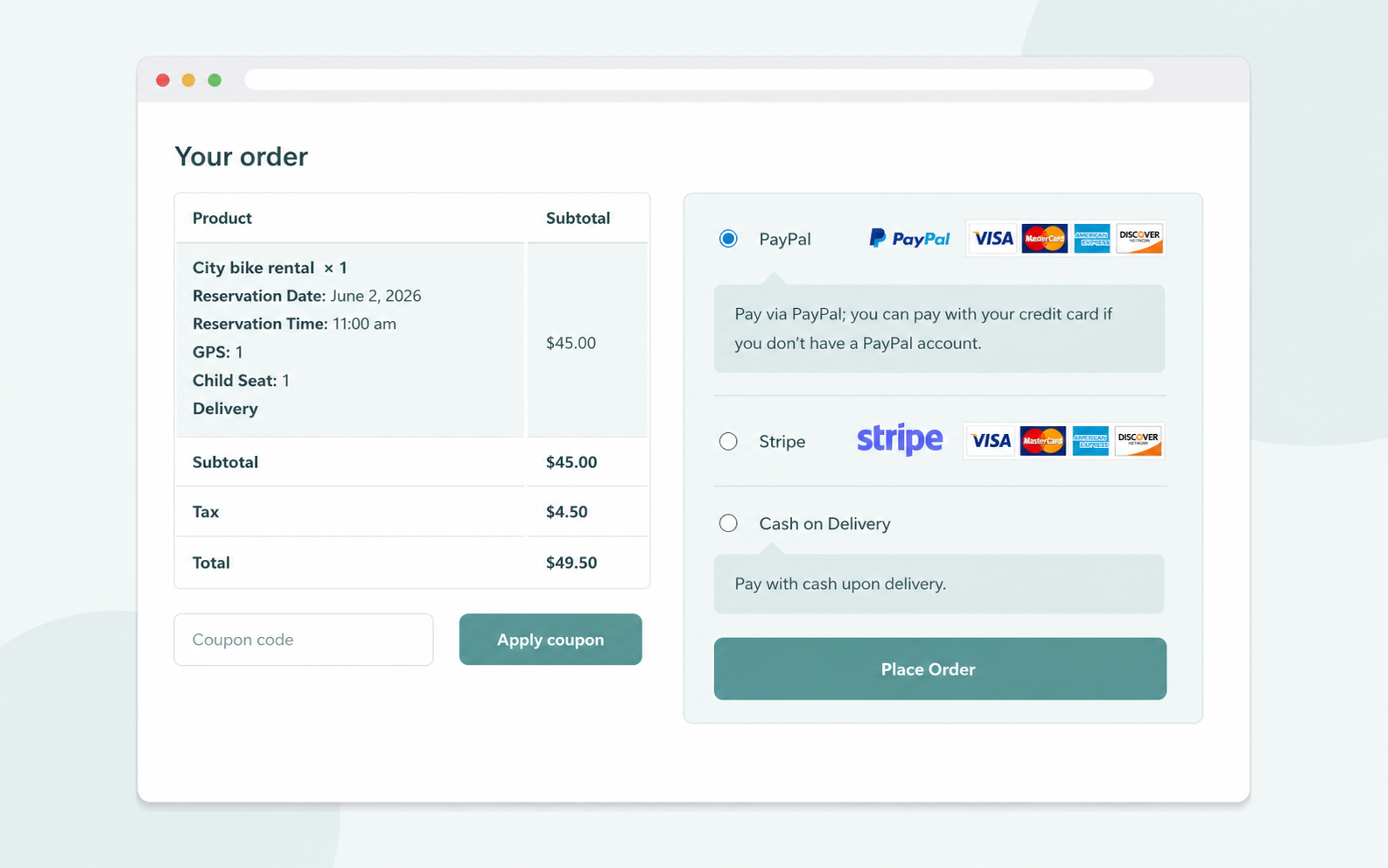 WooCommerce checkout charging rental add-ons like GPS and child seats through existing payment gateways