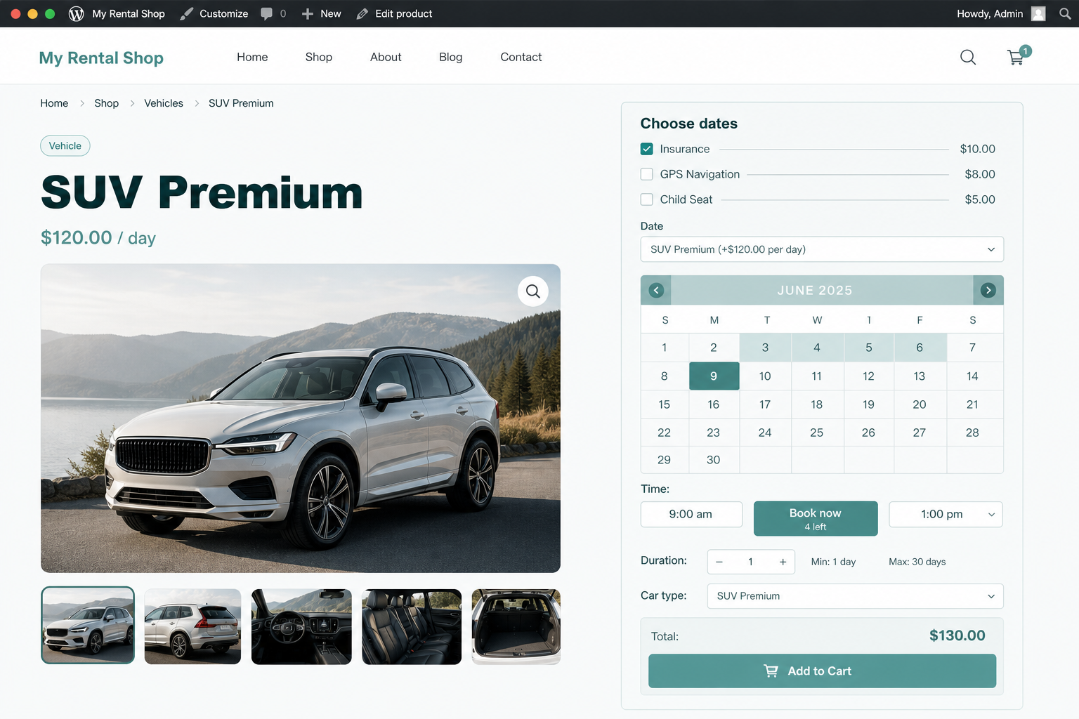 Front-end WooCommerce rental booking form with an availability calendar and live price total in ARB