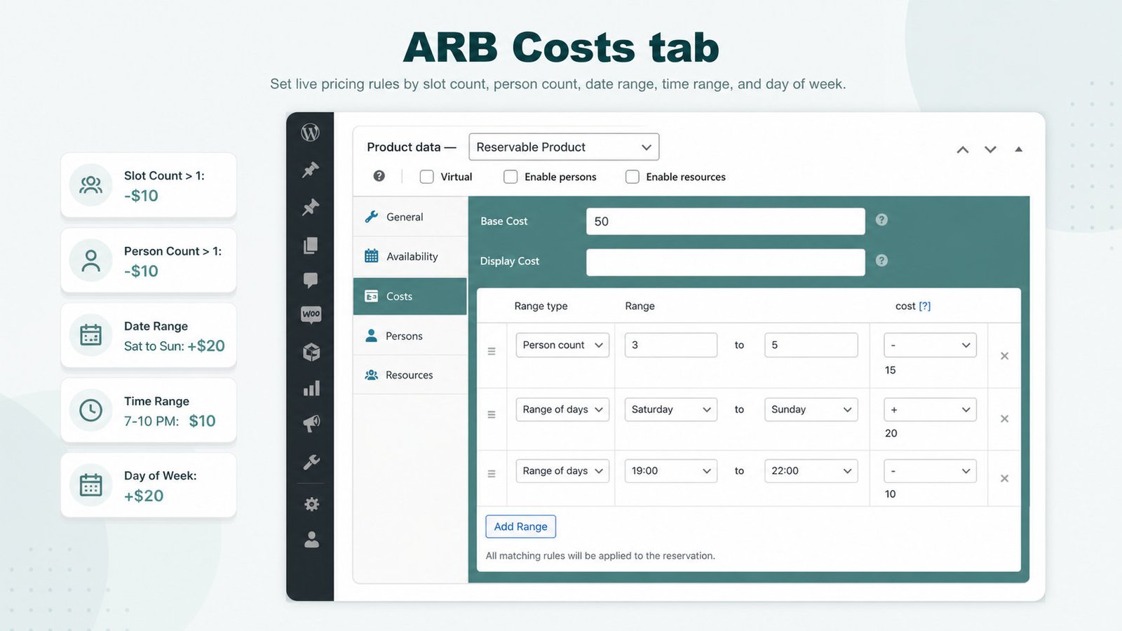 ARB Costs tab with base cost and the Add Range pricing-rule repeater in WooCommerce