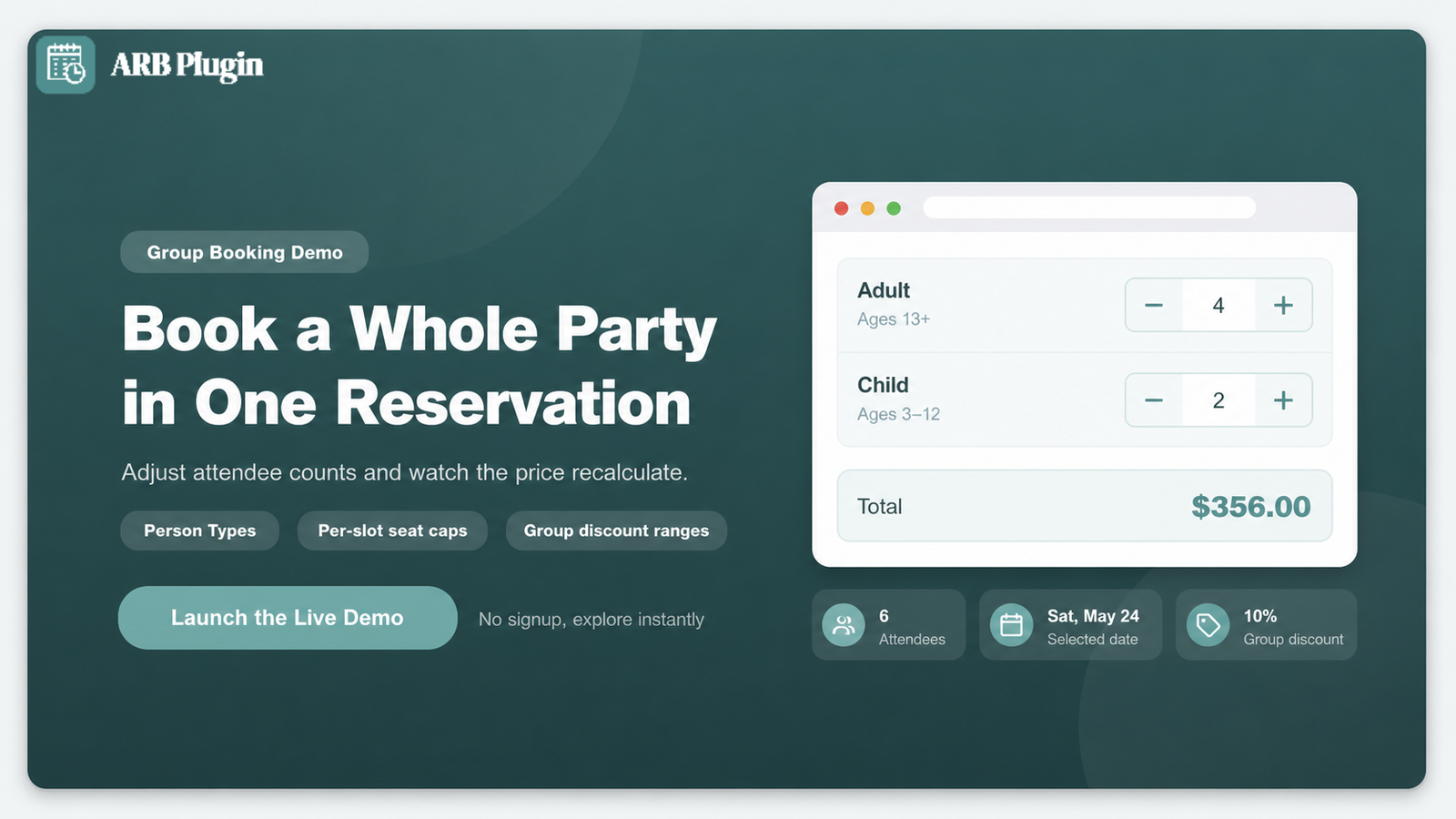 Launch the ARB live demo to book a whole party in one reservation