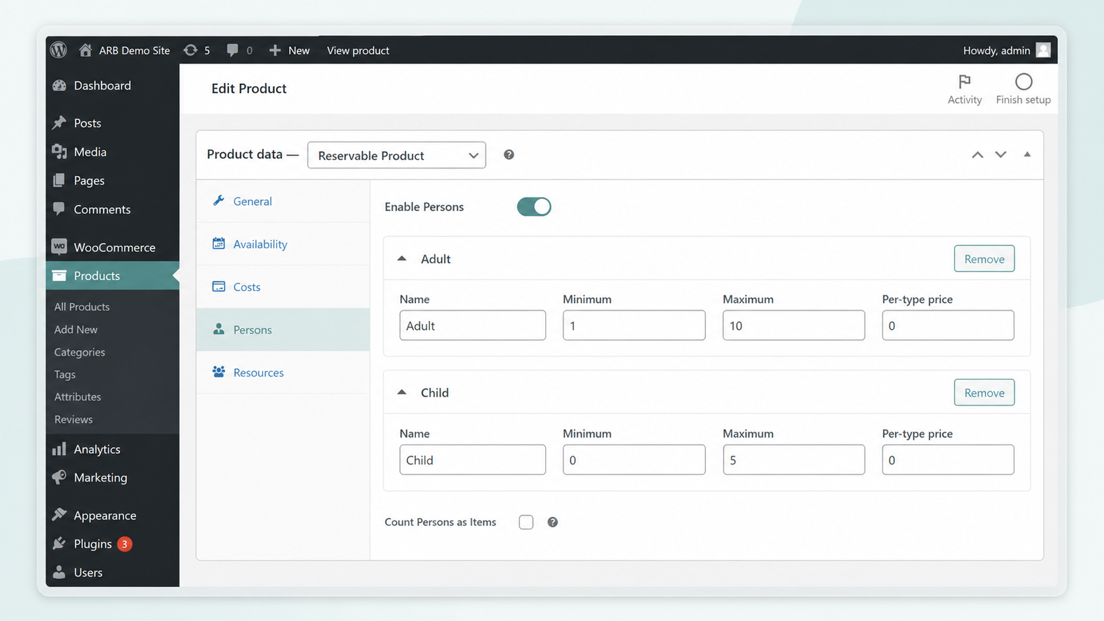 Person Types setting separate Adult and Child rates on one booking