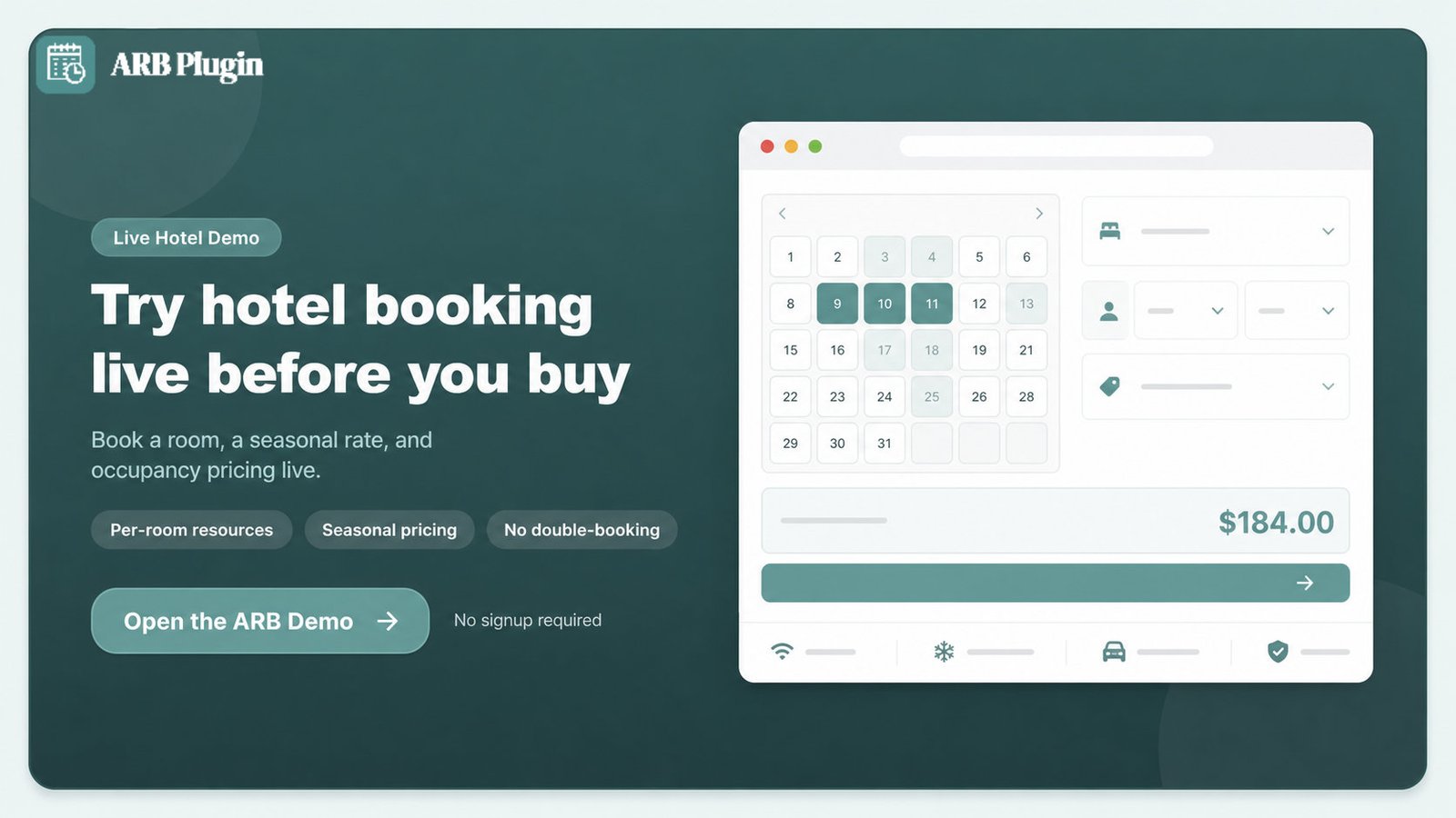 Open the ARB demo to book a live hotel room with seasonal and occupancy pricing