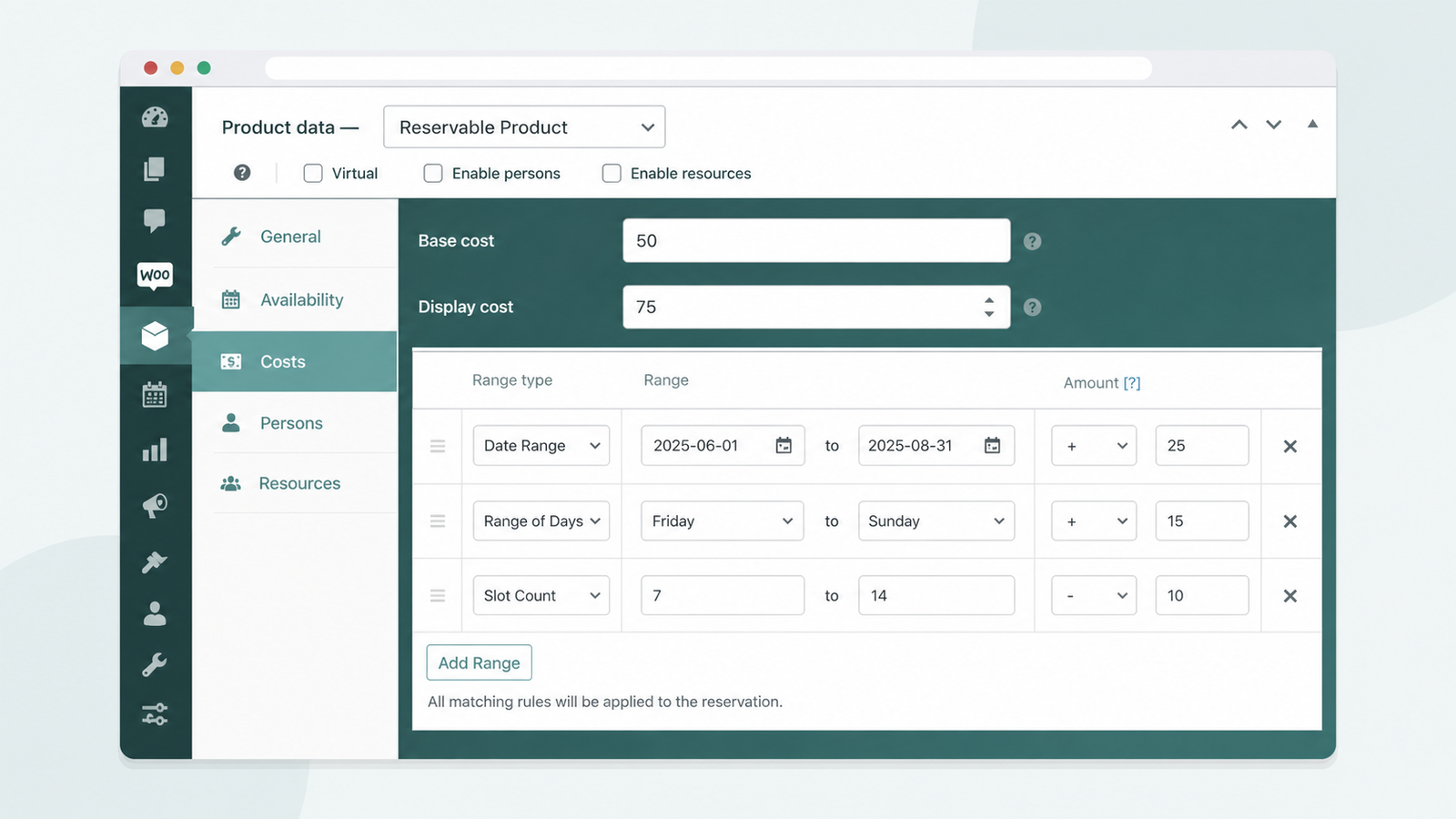 ARB Costs tab with base cost and seasonal and weekend price range rules