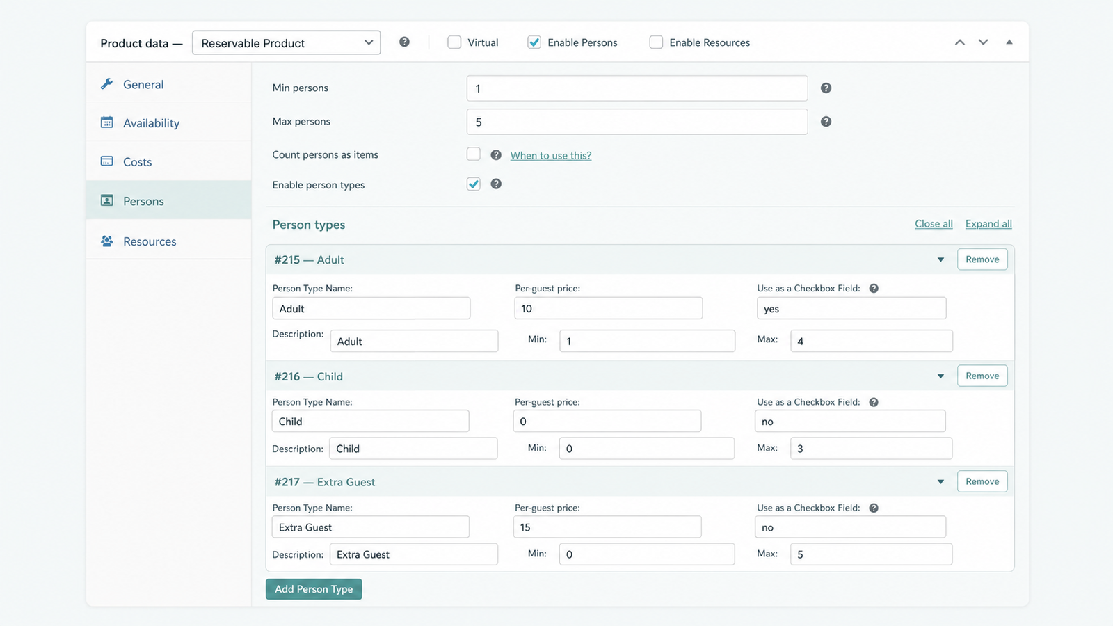 ARB Persons tab pricing adults, children, and extra guests with per-type limits