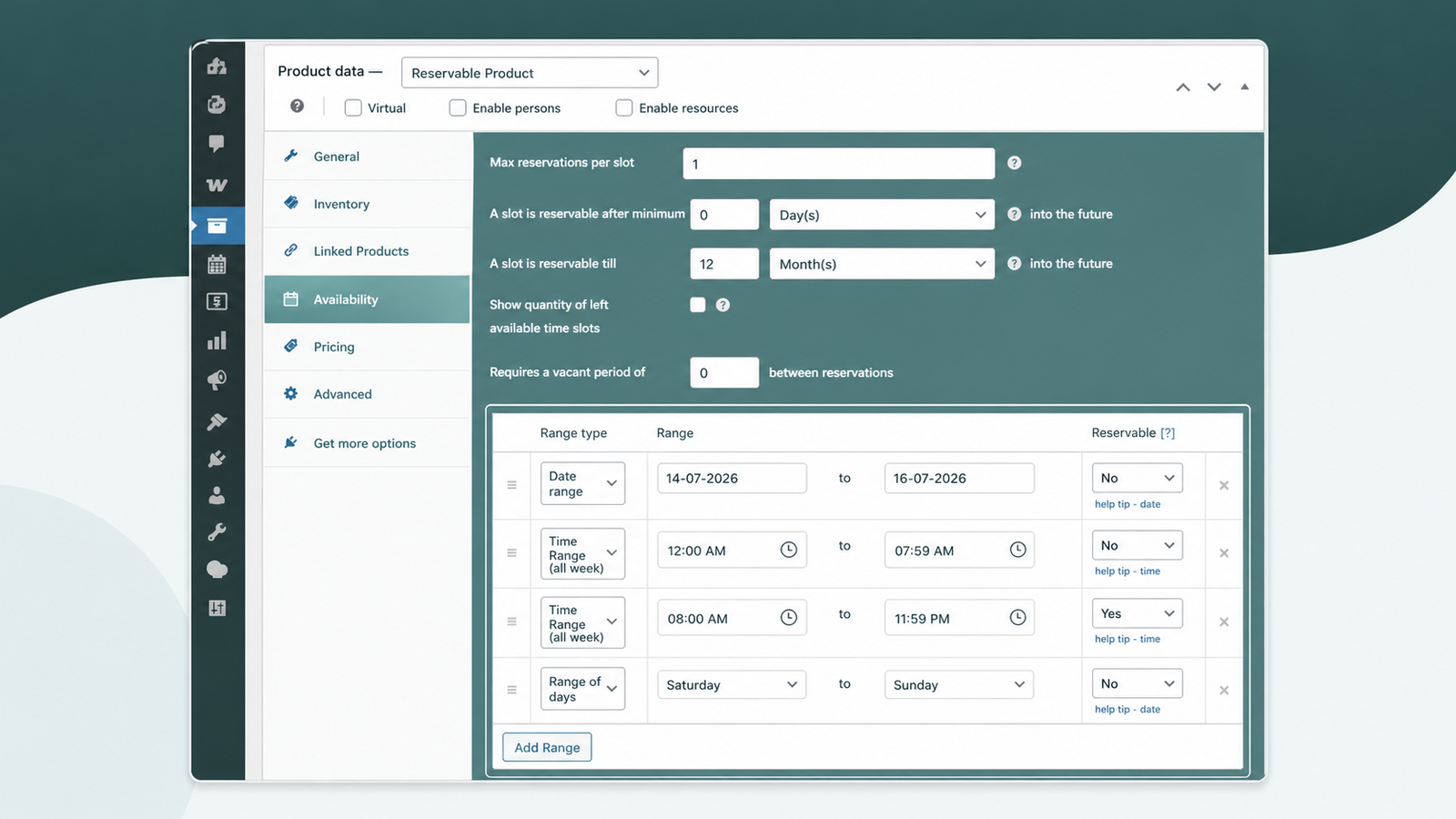 ARB Availability tab with per-slot capacity limits and blackout date ranges