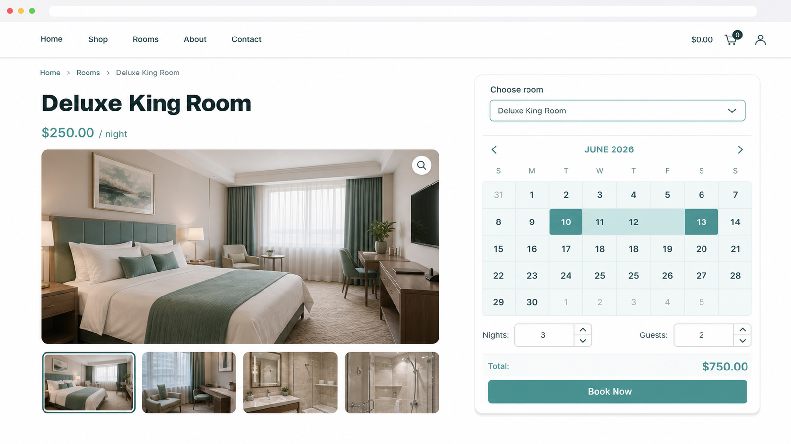 WooCommerce hotel booking form with a room calendar and check-in and check-out dates