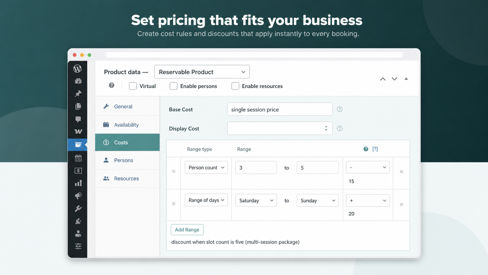ARB Costs tab pricing a single session and a discounted five-session package