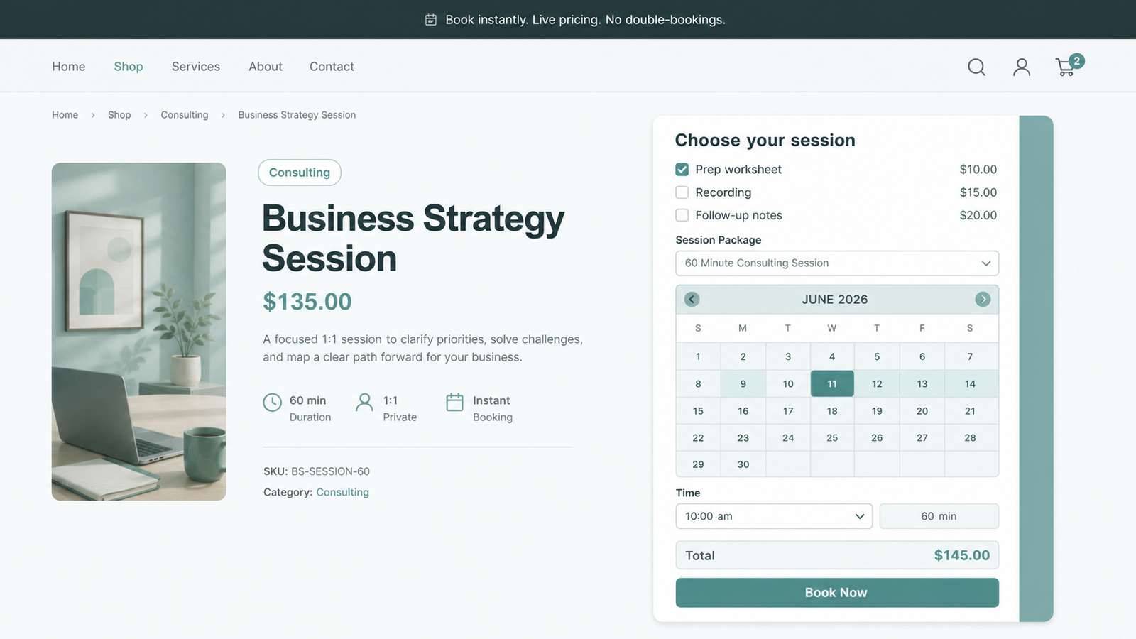 ARB booking form selling a paid consulting session inside a WooCommerce store