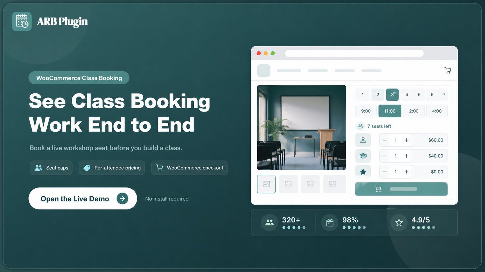 Open the ARB live demo to test class seat caps, per-attendee pricing, and WooCommerce checkout