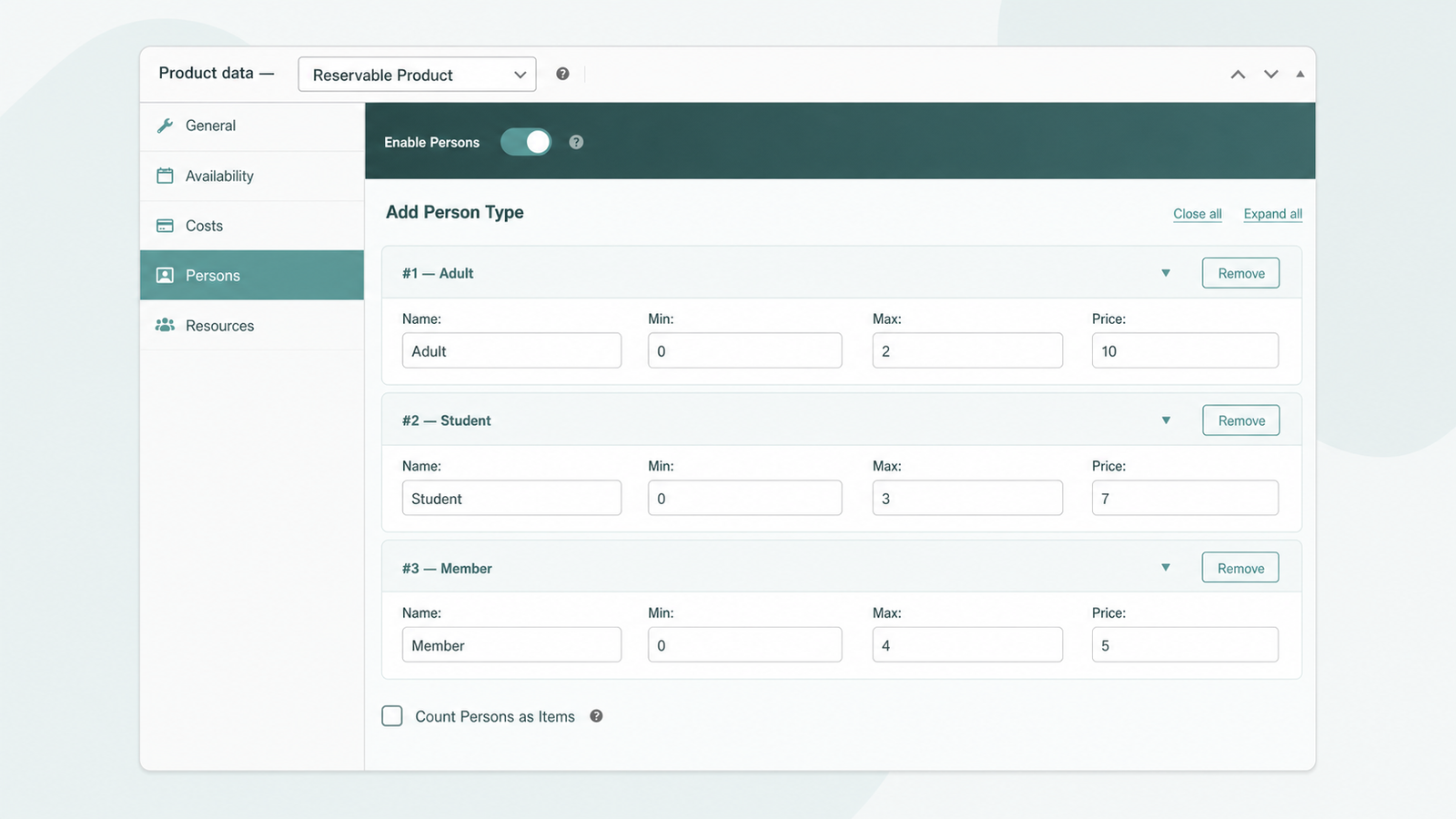 Persons tab with adult, student, and member person types, each with its own price, minimum, and maximum