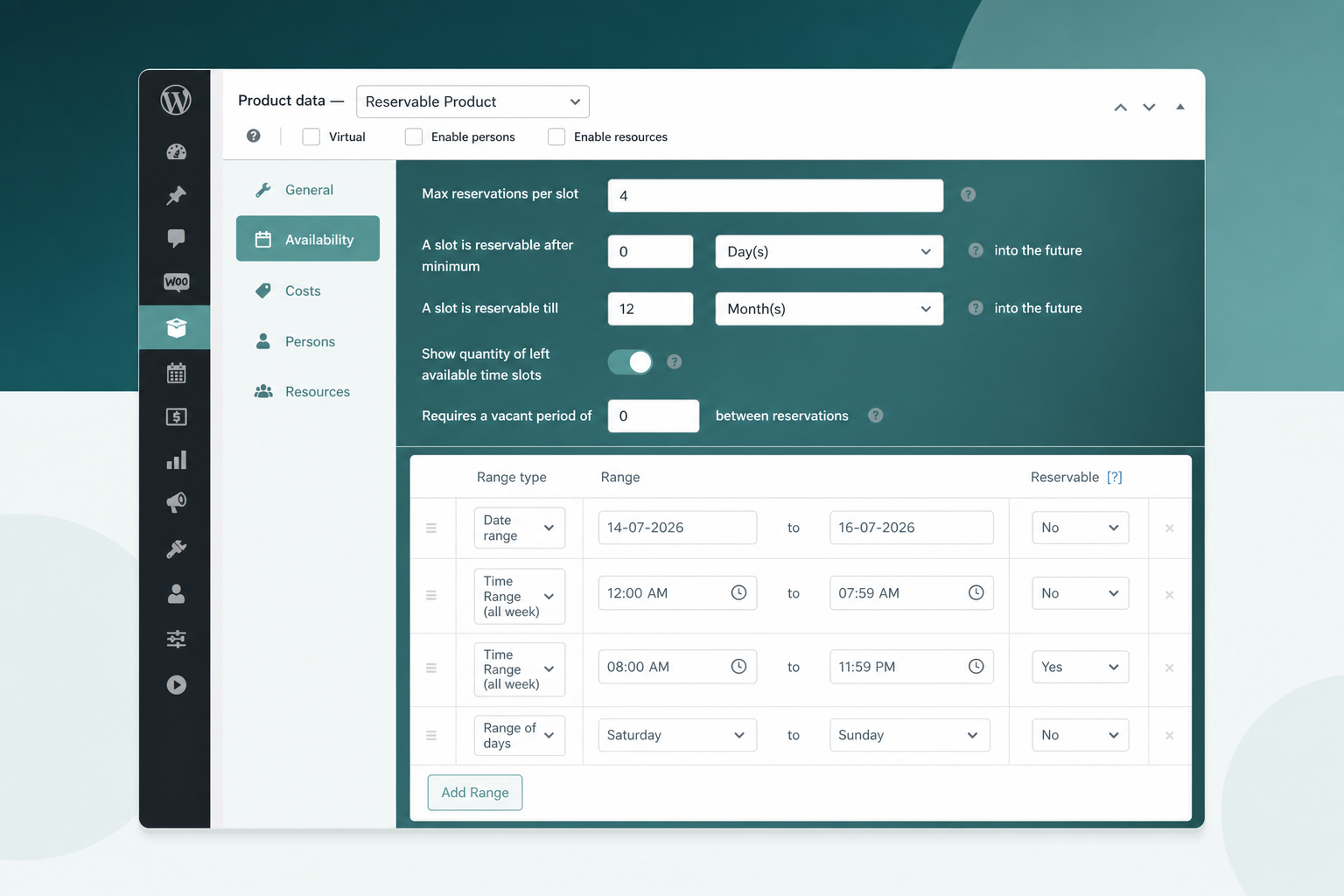 Availability tab with Max Reservations per Slot capping seats and a show-left-slots counter enabled