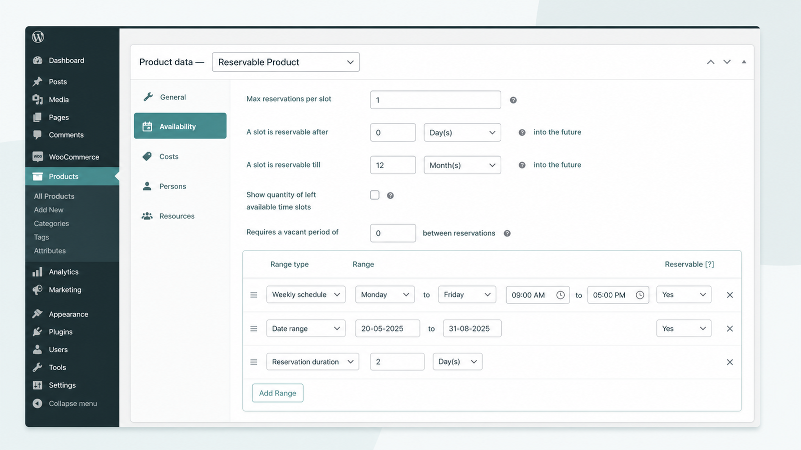 Availability tab Add Range repeater publishing weekly recurring class times with a reservation duration