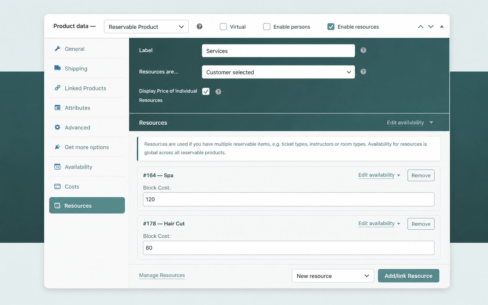 Resources tab linking instructors and rooms as resources, each with its own price and availability schedule