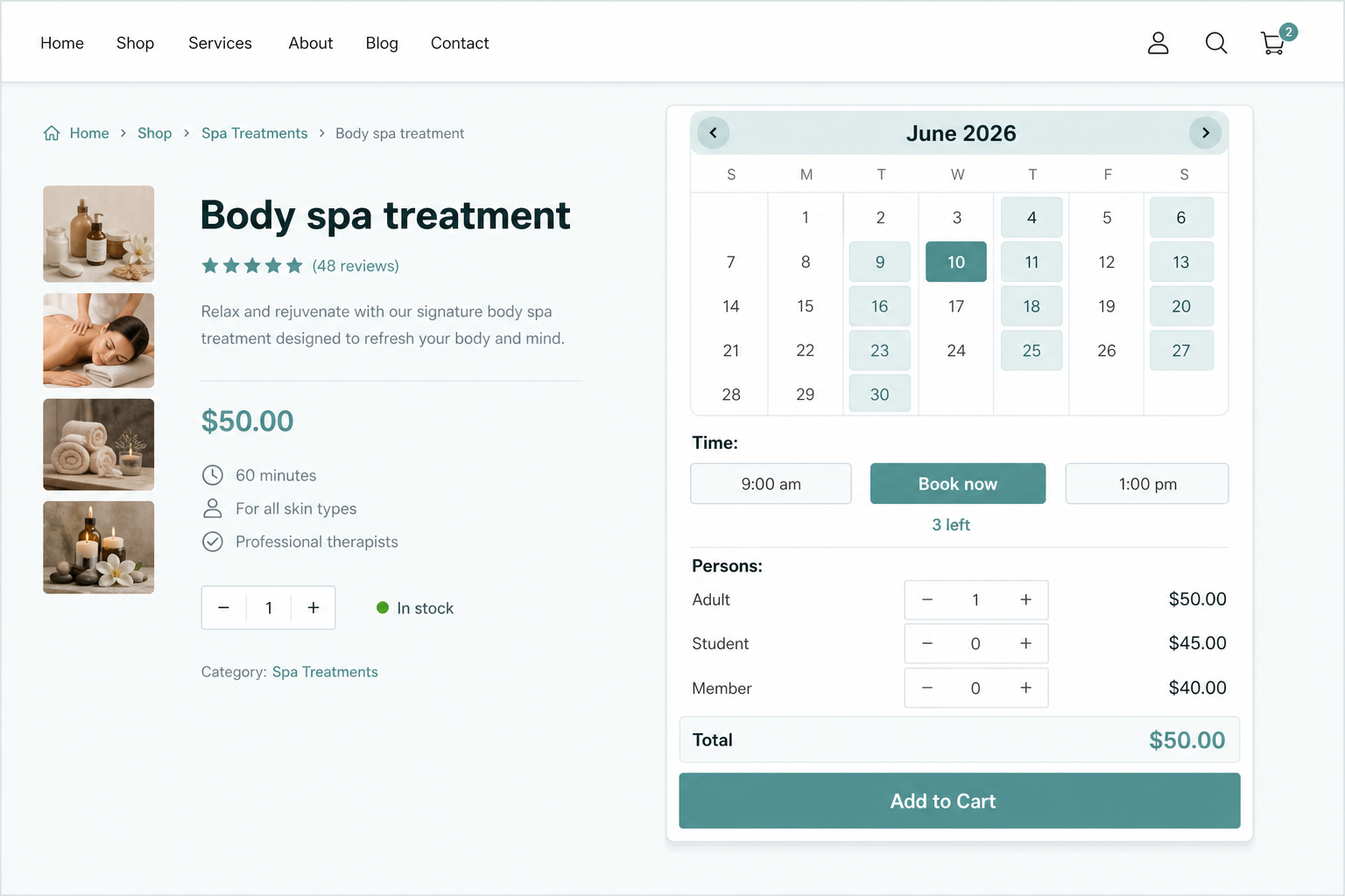 WooCommerce class booking form showing a seats-left counter and adult, student, and member attendee types