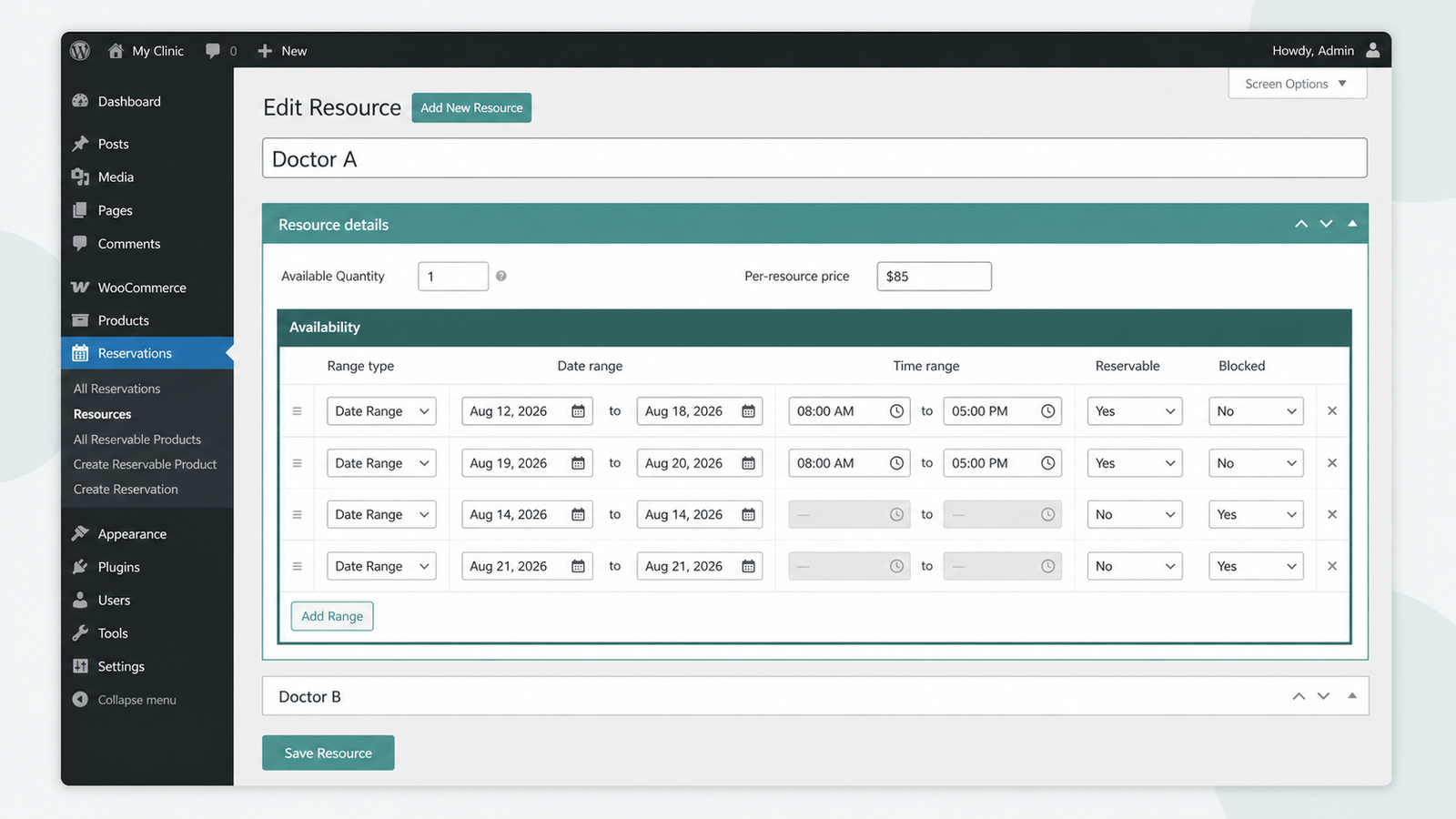 ARB per-resource schedule giving each doctor its own price and availability window