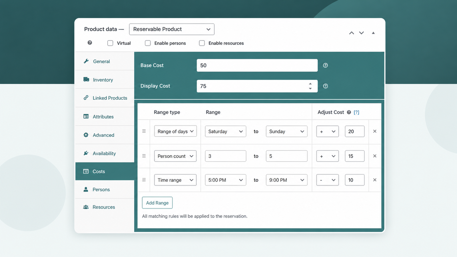 ARB Costs tab pricing a new-patient consult, follow-up, and teleconsult with range rules