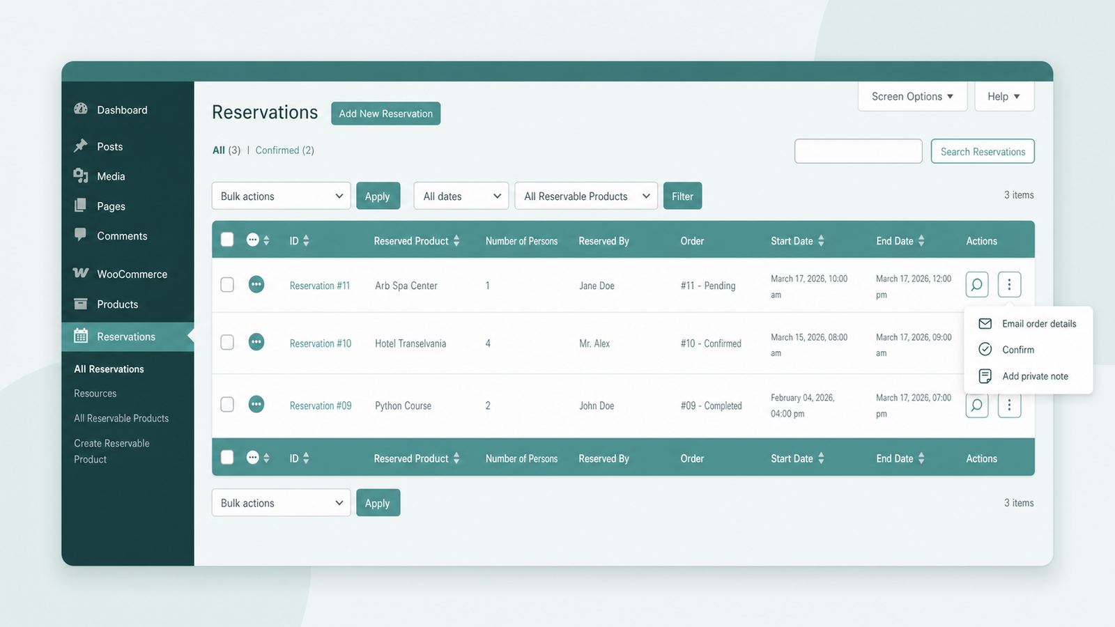 ARB Reservations list with booking statuses, a confirm action, and email order-details controls